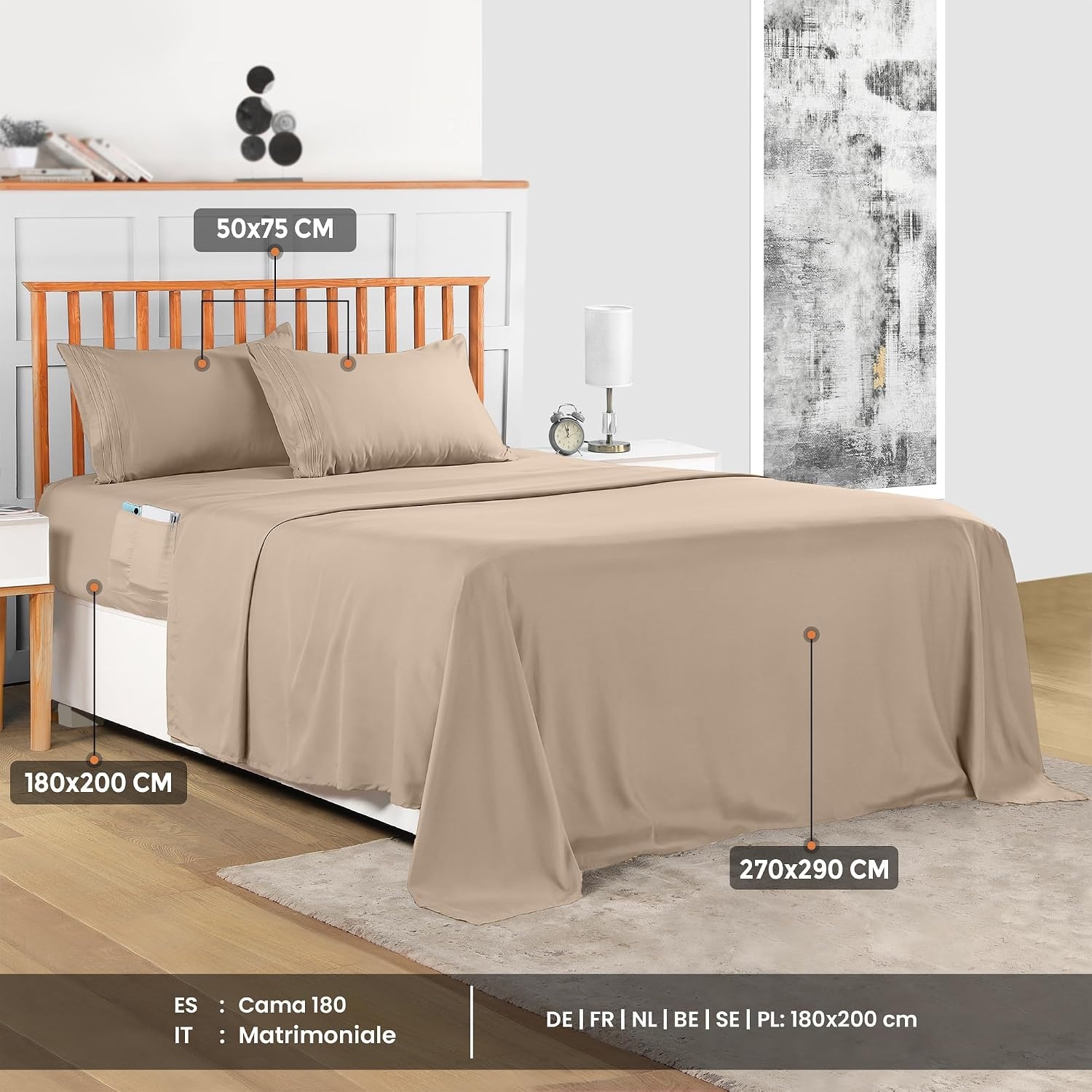 image:imageUtopia Bedding Bettlaken Set 3 Teilige Schwarz Polyester Mikrofaser OekoTex Zertifiziert Spannbettlaken 90x190 Bettlaken 167x243 1 Bestickten Kissenbezug 50x75Beige