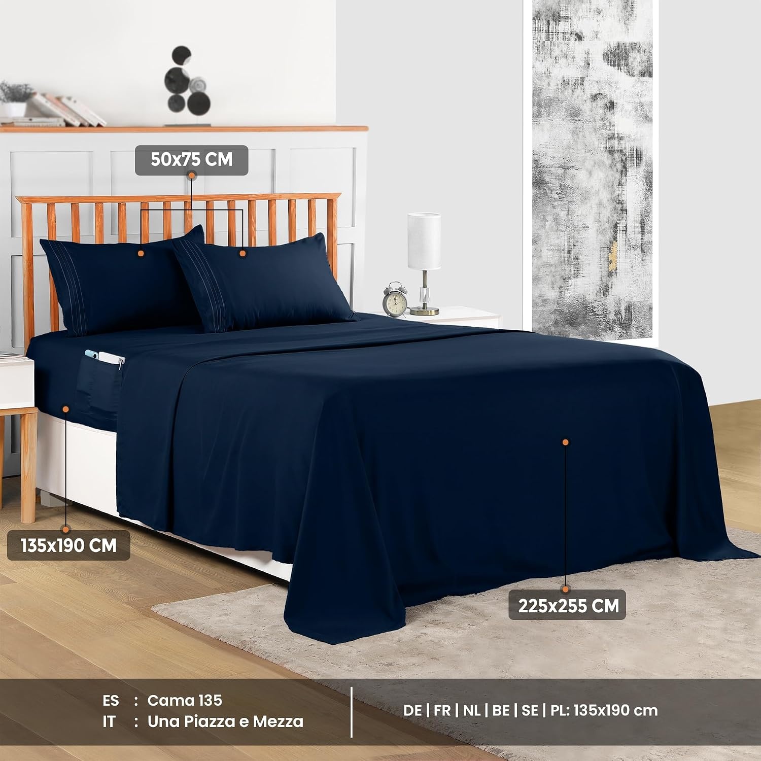 image:imageUtopia Bedding Bettlaken Set 3 Teilige Schwarz Polyester Mikrofaser OekoTex Zertifiziert Spannbettlaken 90x190 Bettlaken 167x243 1 Bestickten Kissenbezug 50x75Marineblau