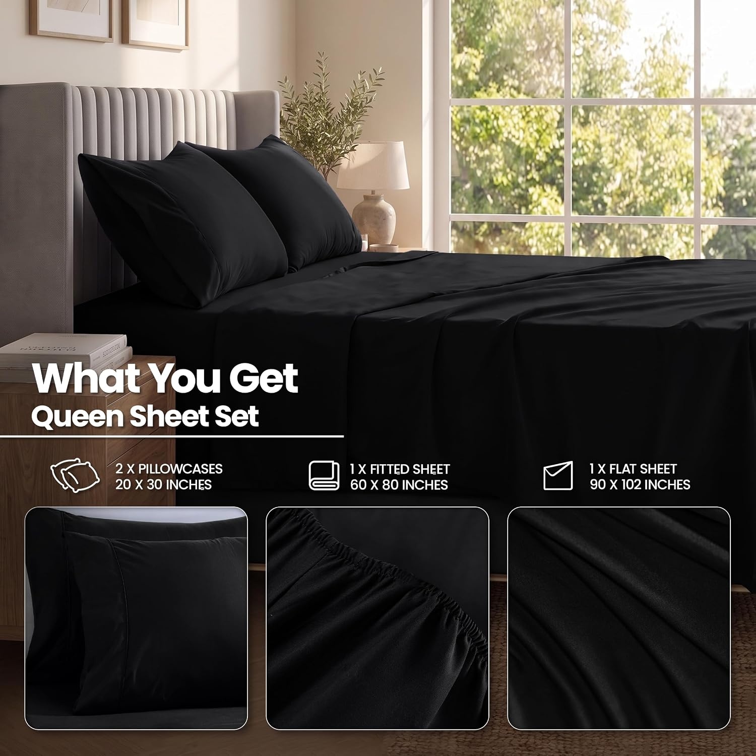 image:imageUtopia Bedding Bettlaken Set 3 Teilige Schwarz Polyester Mikrofaser OekoTex Zertifiziert Spannbettlaken 90x190 Bettlaken 167x243 1 Bestickten Kissenbezug 50x75Schwarz