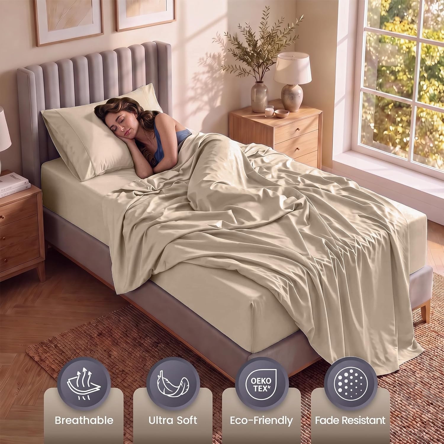 image:imageUtopia Bedding Bettlaken Set 3 Teilige Schwarz Polyester Mikrofaser OekoTex Zertifiziert Spannbettlaken 90x190 Bettlaken 167x243 1 Bestickten Kissenbezug 50x75Beige