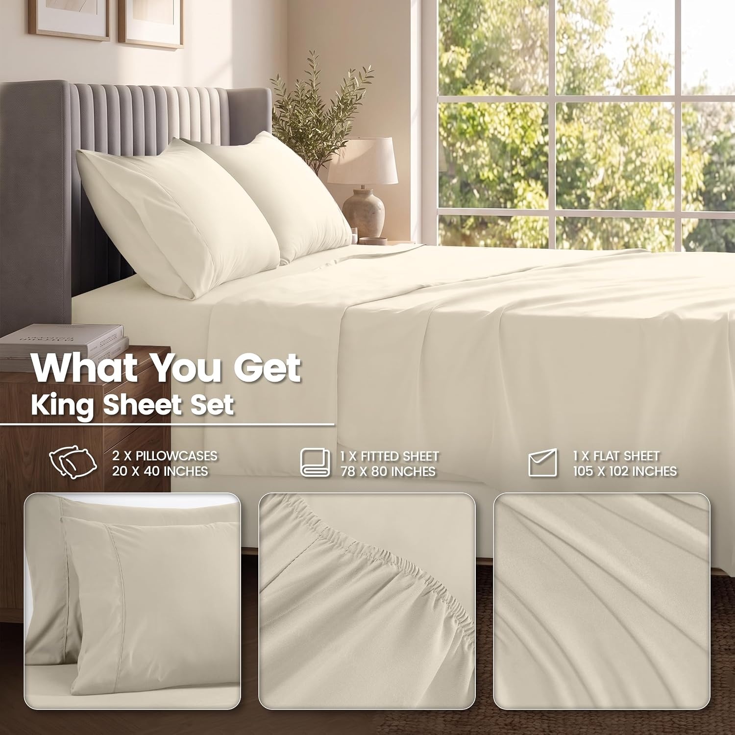 image:imageUtopia Bedding Bettlaken Set 3 Teilige Schwarz Polyester Mikrofaser OekoTex Zertifiziert Spannbettlaken 90x190 Bettlaken 167x243 1 Bestickten Kissenbezug 50x75Elfenbein