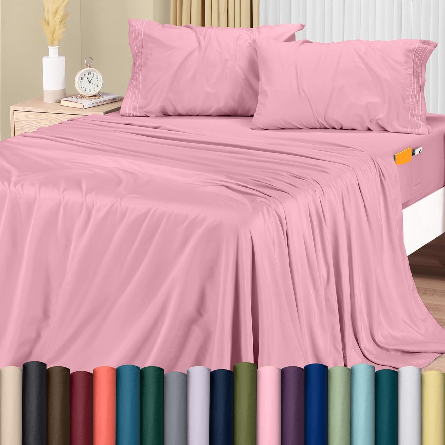 image:imageUtopia Bedding Bettlaken Set 3 Teilige Schwarz Polyester Mikrofaser OekoTex Zertifiziert Spannbettlaken 90x190 Bettlaken 167x243 1 Bestickten Kissenbezug 50x75Pink