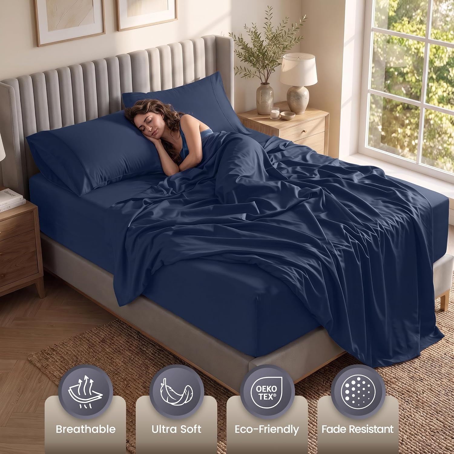 image:imageUtopia Bedding Bettlaken Set 3 Teilige Schwarz Polyester Mikrofaser OekoTex Zertifiziert Spannbettlaken 90x190 Bettlaken 167x243 1 Bestickten Kissenbezug 50x75Marineblau