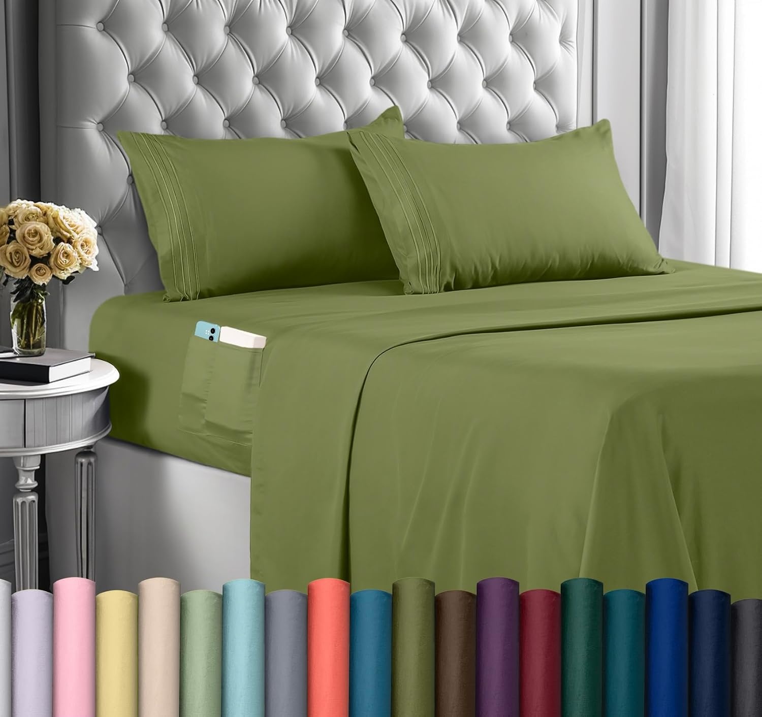 image:imageUtopia Bedding Bettlaken Set 3 Teilige Schwarz Polyester Mikrofaser OekoTex Zertifiziert Spannbettlaken 90x190 Bettlaken 167x243 1 Bestickten Kissenbezug 50x75OlivBlatt fr Mich Leaf It To Me