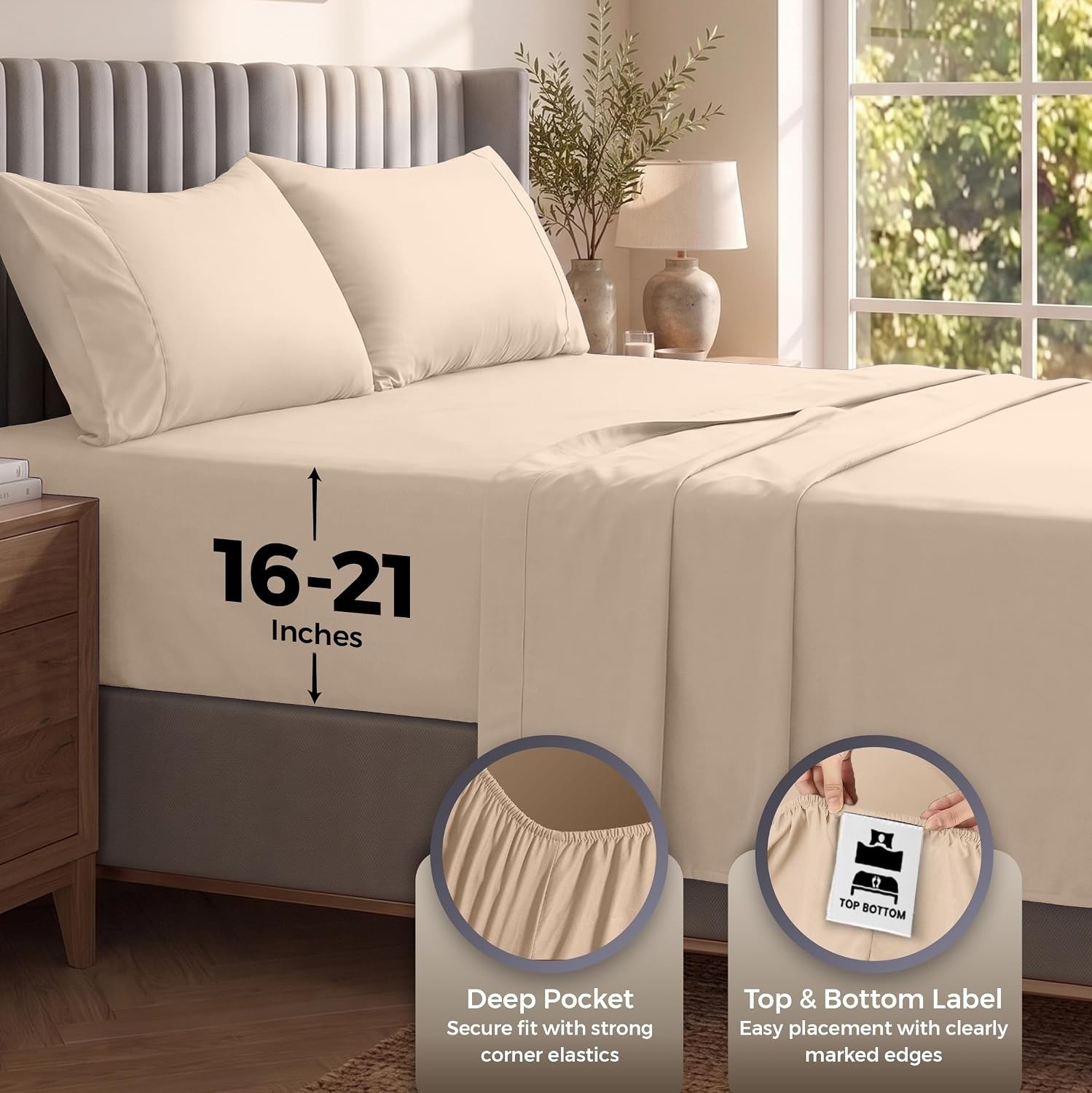 image:imageUtopia Bedding Bettlaken Set 3 Teilige Schwarz Polyester Mikrofaser OekoTex Zertifiziert Spannbettlaken 90x190 Bettlaken 167x243 1 Bestickten Kissenbezug 50x75Beige