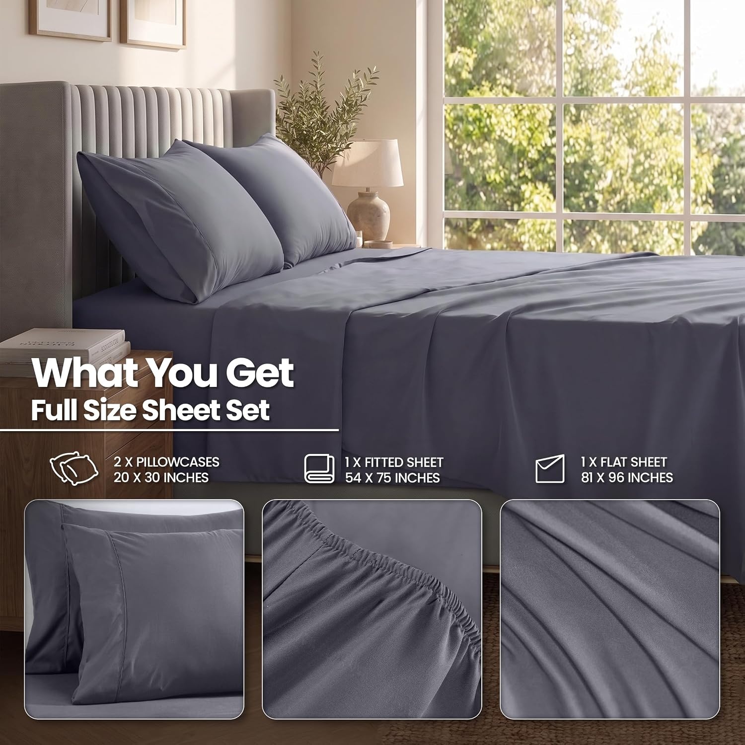 image:imageUtopia Bedding Bettlaken Set 3 Teilige Schwarz Polyester Mikrofaser OekoTex Zertifiziert Spannbettlaken 90x190 Bettlaken 167x243 1 Bestickten Kissenbezug 50x75Grau