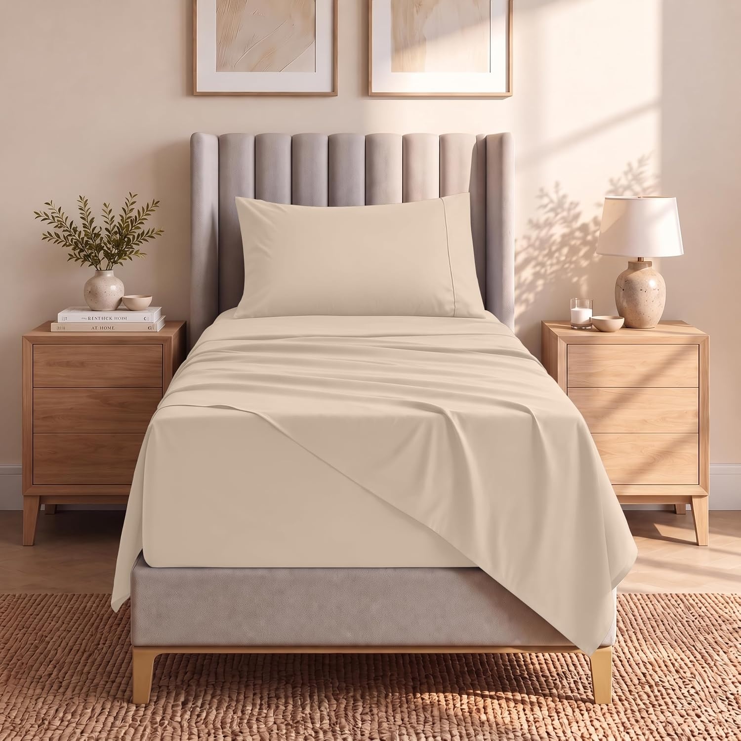 image:imageUtopia Bedding Bettlaken Set 3 Teilige Schwarz Polyester Mikrofaser OekoTex Zertifiziert Spannbettlaken 90x190 Bettlaken 167x243 1 Bestickten Kissenbezug 50x75Beige