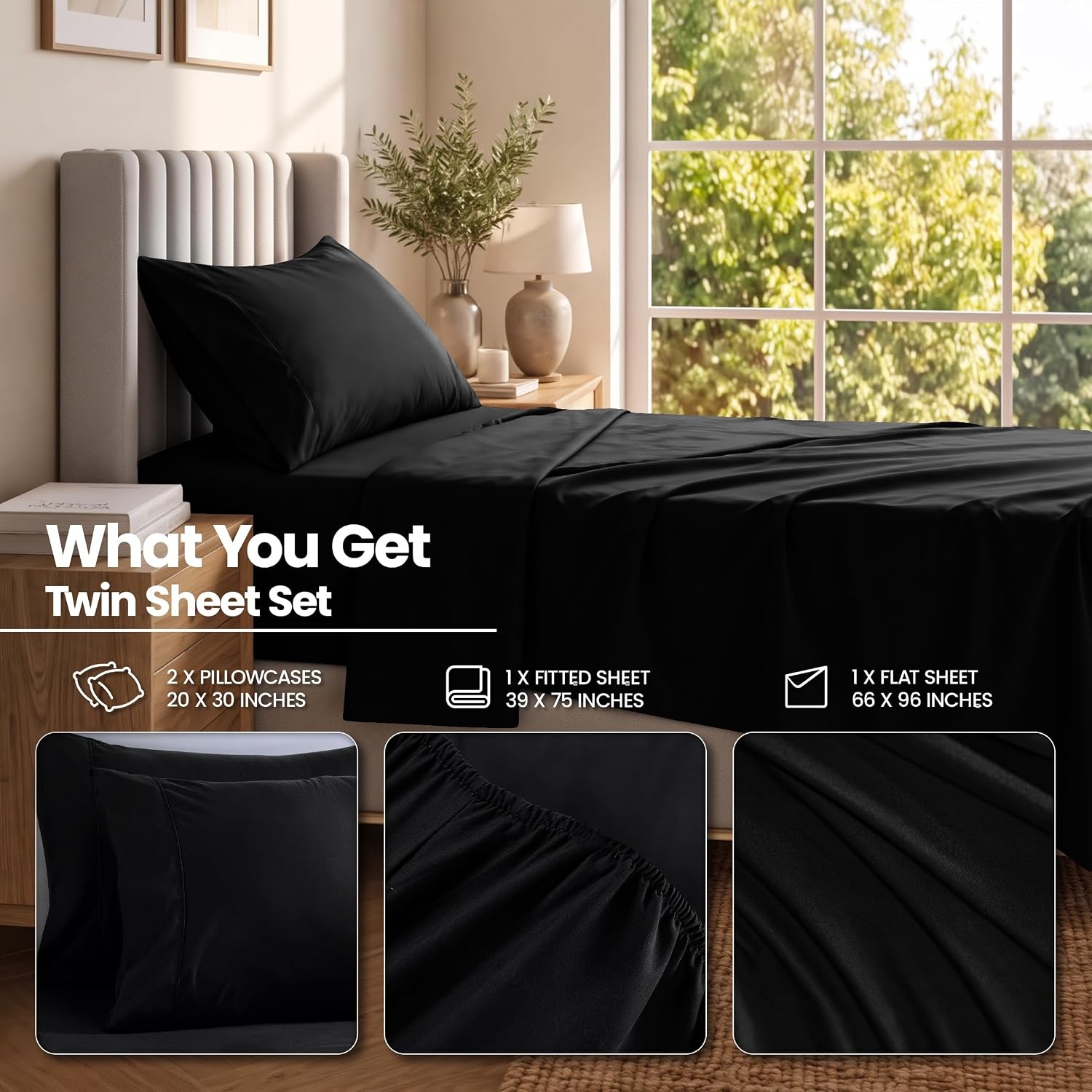 image:imageUtopia Bedding Bettlaken Set 3 Teilige Schwarz Polyester Mikrofaser OekoTex Zertifiziert Spannbettlaken 90x190 Bettlaken 167x243 1 Bestickten Kissenbezug 50x75Schwarz