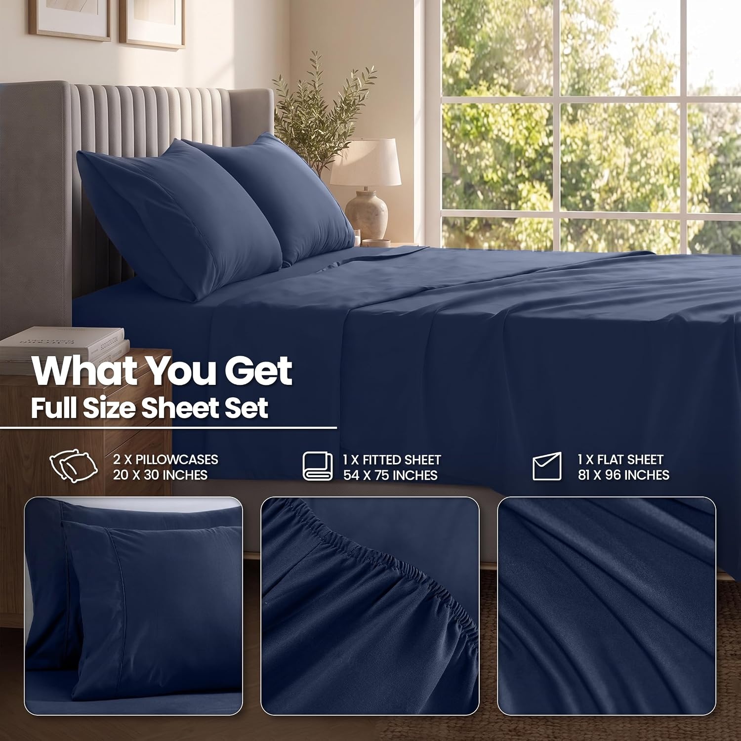image:imageUtopia Bedding Bettlaken Set 3 Teilige Schwarz Polyester Mikrofaser OekoTex Zertifiziert Spannbettlaken 90x190 Bettlaken 167x243 1 Bestickten Kissenbezug 50x75Marineblau