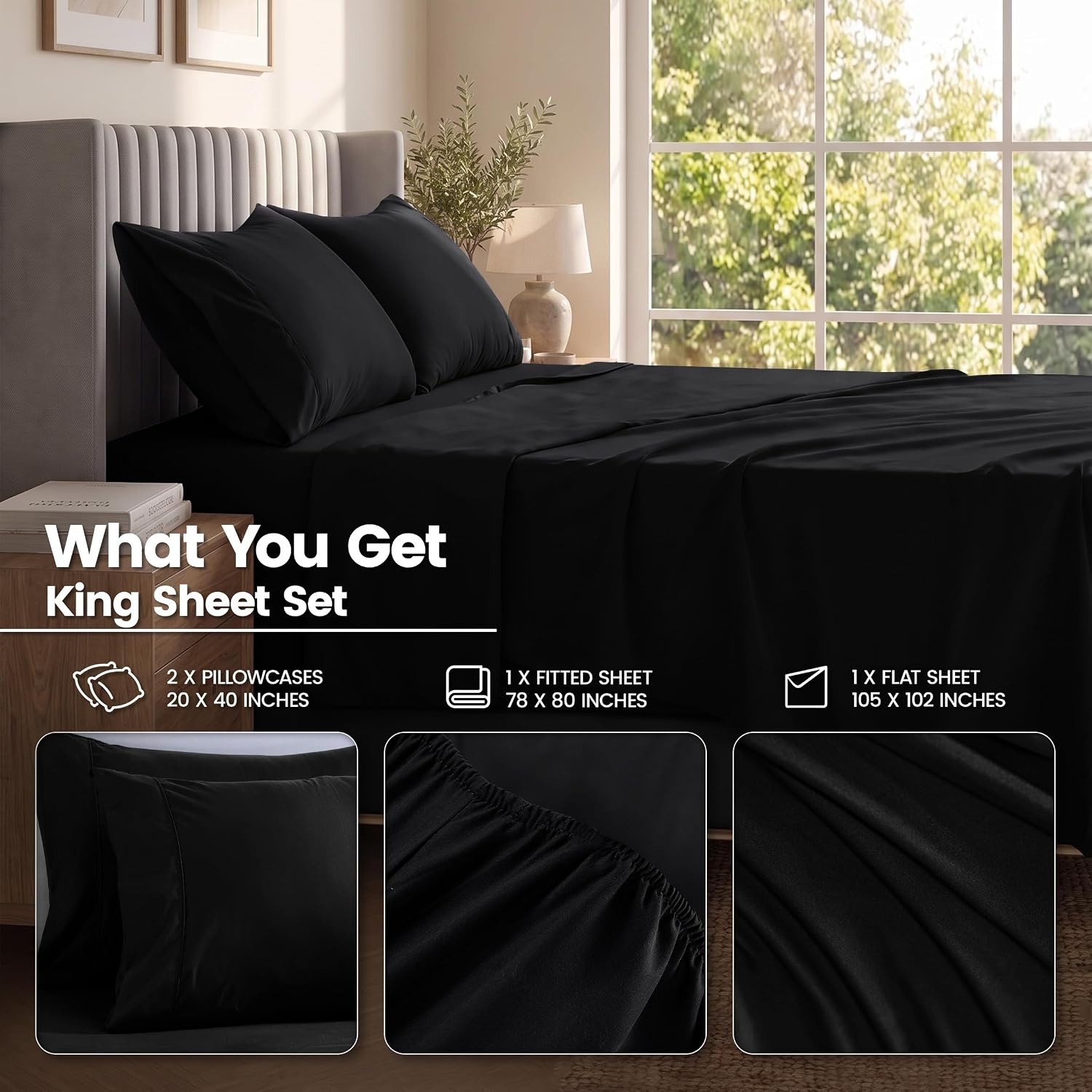 image:imageUtopia Bedding Bettlaken Set 3 Teilige Schwarz Polyester Mikrofaser OekoTex Zertifiziert Spannbettlaken 90x190 Bettlaken 167x243 1 Bestickten Kissenbezug 50x75Schwarz