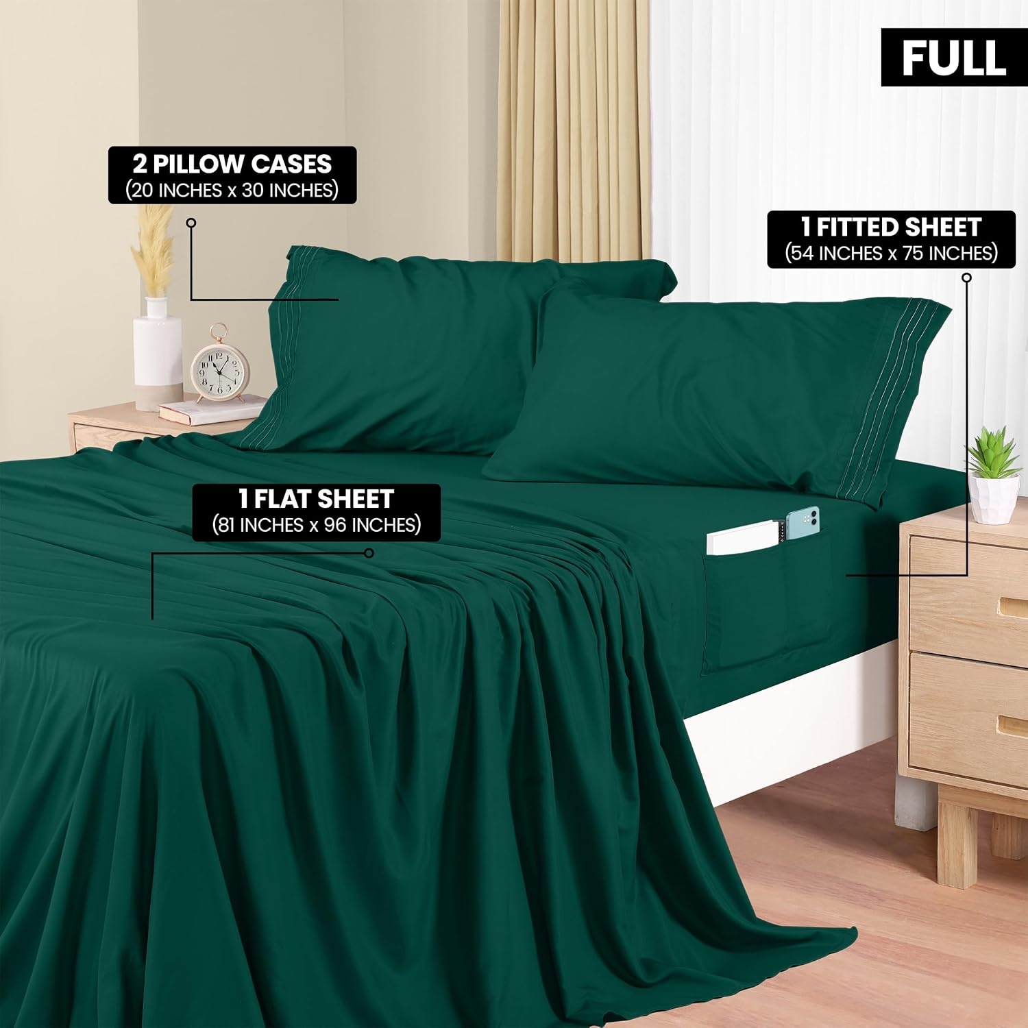 image:imageUtopia Bedding Bettlaken Set 3 Teilige Schwarz Polyester Mikrofaser OekoTex Zertifiziert Spannbettlaken 90x190 Bettlaken 167x243 1 Bestickten Kissenbezug 50x75Smaragd
