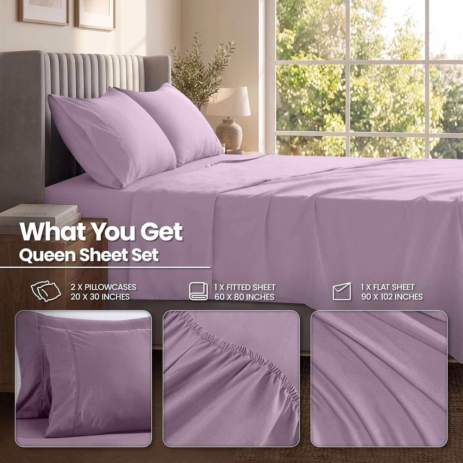 image:imageUtopia Bedding Bettlaken Set 3 Teilige Schwarz Polyester Mikrofaser OekoTex Zertifiziert Spannbettlaken 90x190 Bettlaken 167x243 1 Bestickten Kissenbezug 50x75Lavendel