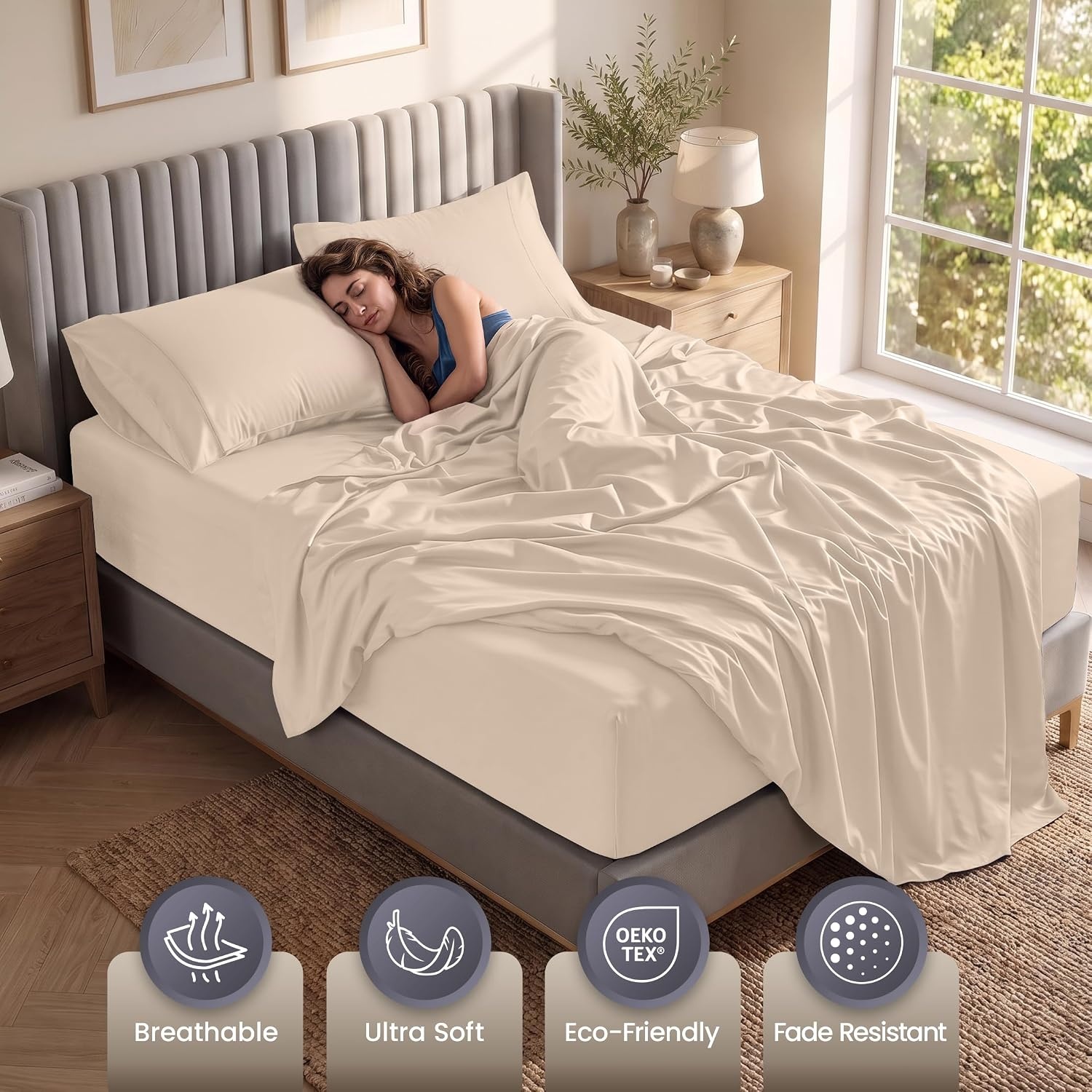 image:imageUtopia Bedding Bettlaken Set 3 Teilige Schwarz Polyester Mikrofaser OekoTex Zertifiziert Spannbettlaken 90x190 Bettlaken 167x243 1 Bestickten Kissenbezug 50x75Beige