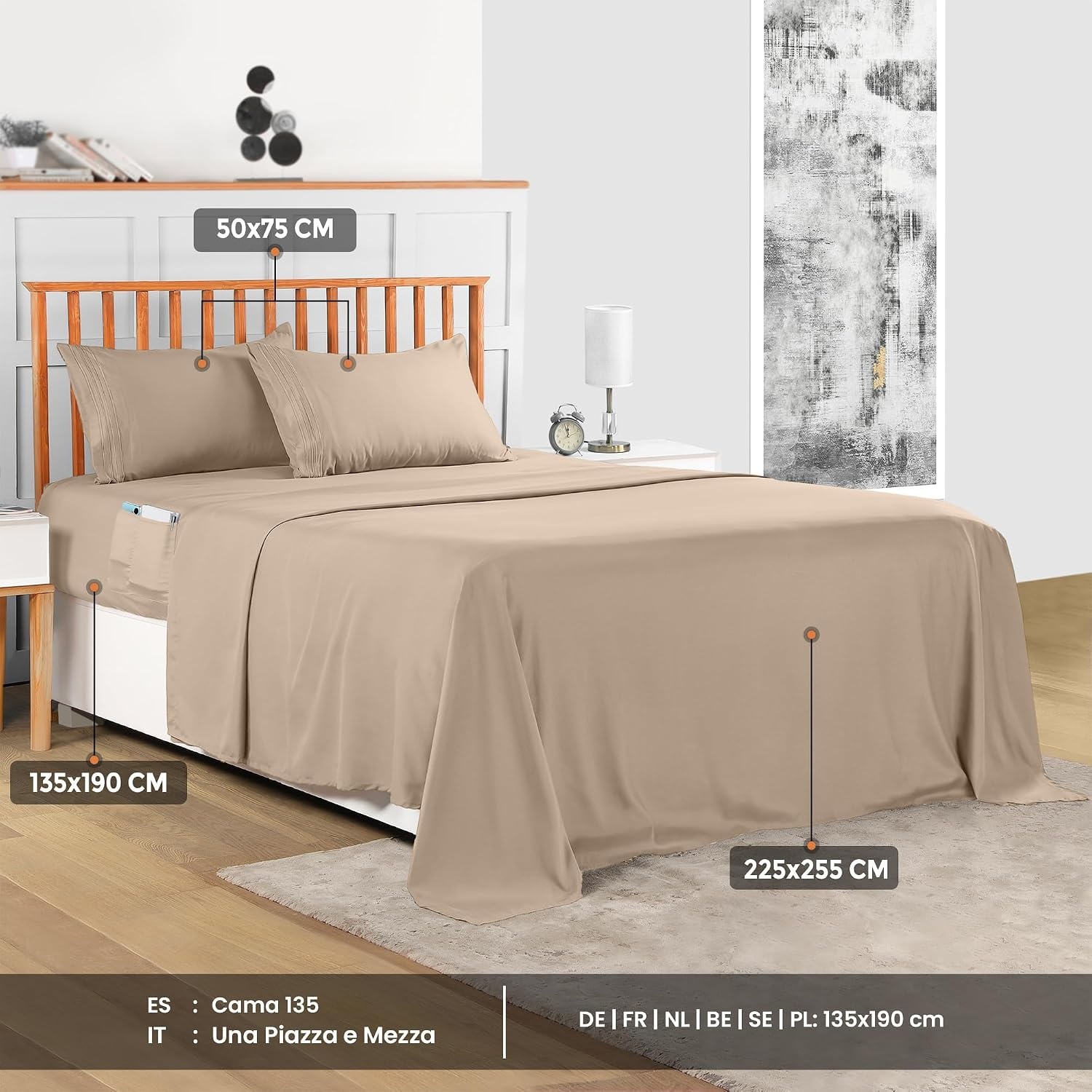 image:imageUtopia Bedding Bettlaken Set 3 Teilige Schwarz Polyester Mikrofaser OekoTex Zertifiziert Spannbettlaken 90x190 Bettlaken 167x243 1 Bestickten Kissenbezug 50x75Beige