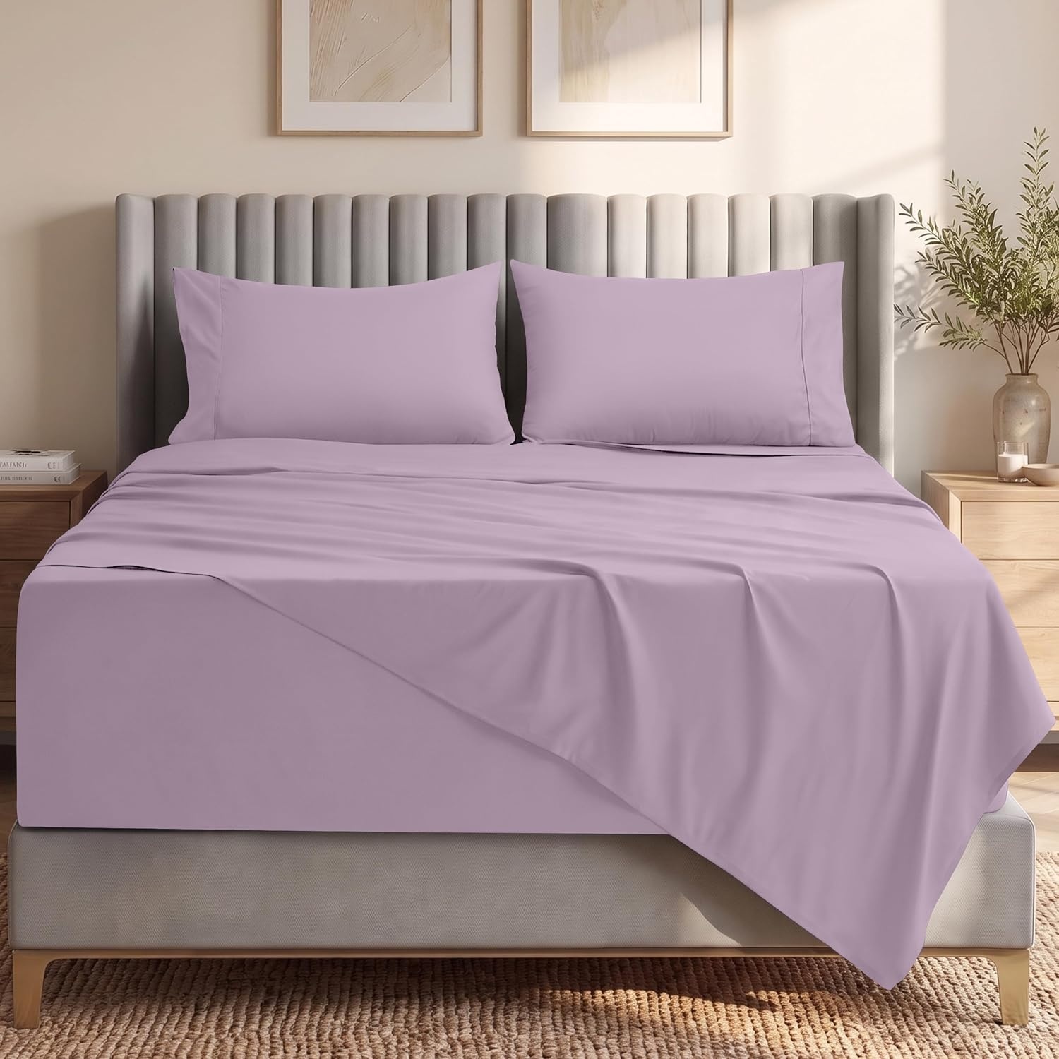 image:imageUtopia Bedding Bettlaken Set 3 Teilige Schwarz Polyester Mikrofaser OekoTex Zertifiziert Spannbettlaken 90x190 Bettlaken 167x243 1 Bestickten Kissenbezug 50x75Lavendel