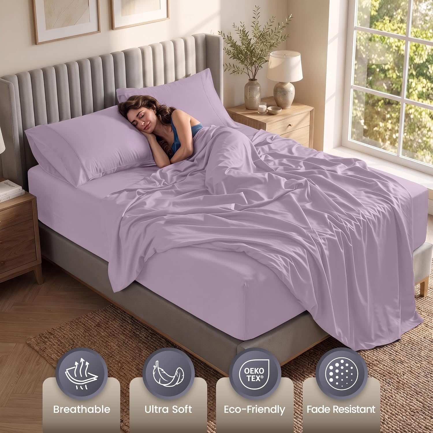 image:imageUtopia Bedding Bettlaken Set 3 Teilige Schwarz Polyester Mikrofaser OekoTex Zertifiziert Spannbettlaken 90x190 Bettlaken 167x243 1 Bestickten Kissenbezug 50x75Lavendel