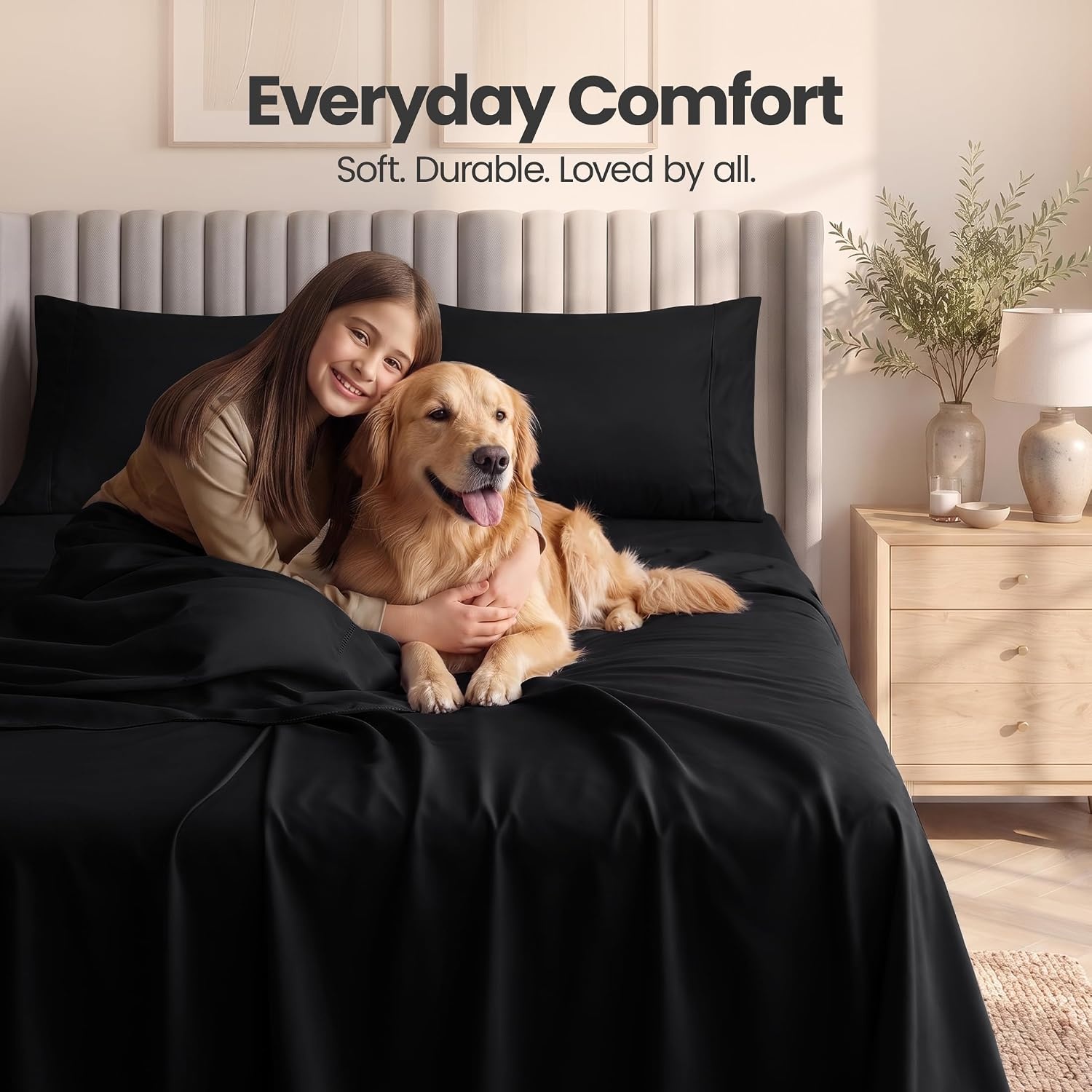 image:imageUtopia Bedding Bettlaken Set 3 Teilige Schwarz Polyester Mikrofaser OekoTex Zertifiziert Spannbettlaken 90x190 Bettlaken 167x243 1 Bestickten Kissenbezug 50x75Schwarz