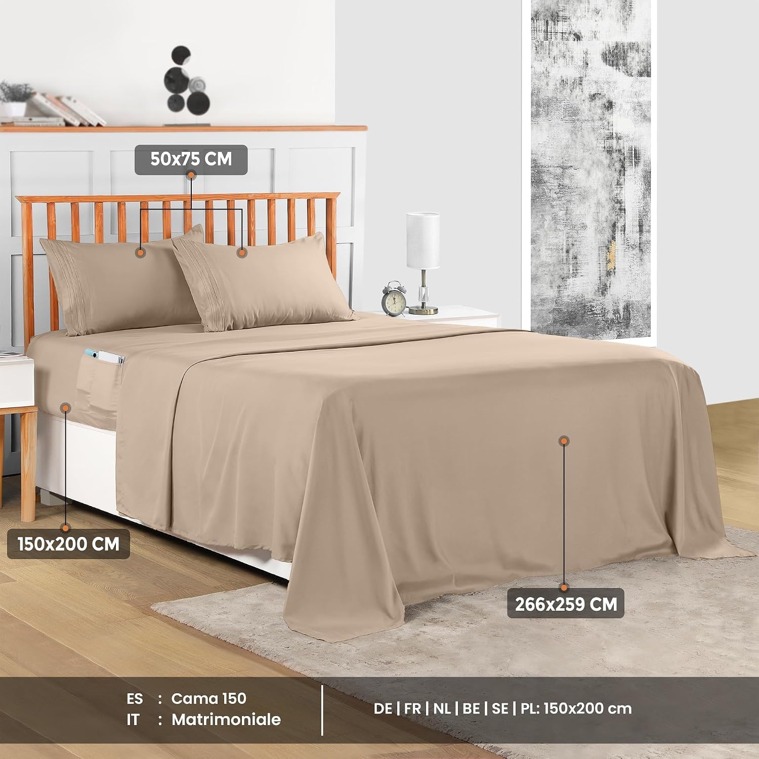 image:imageUtopia Bedding Bettlaken Set 3 Teilige Schwarz Polyester Mikrofaser OekoTex Zertifiziert Spannbettlaken 90x190 Bettlaken 167x243 1 Bestickten Kissenbezug 50x75Beige