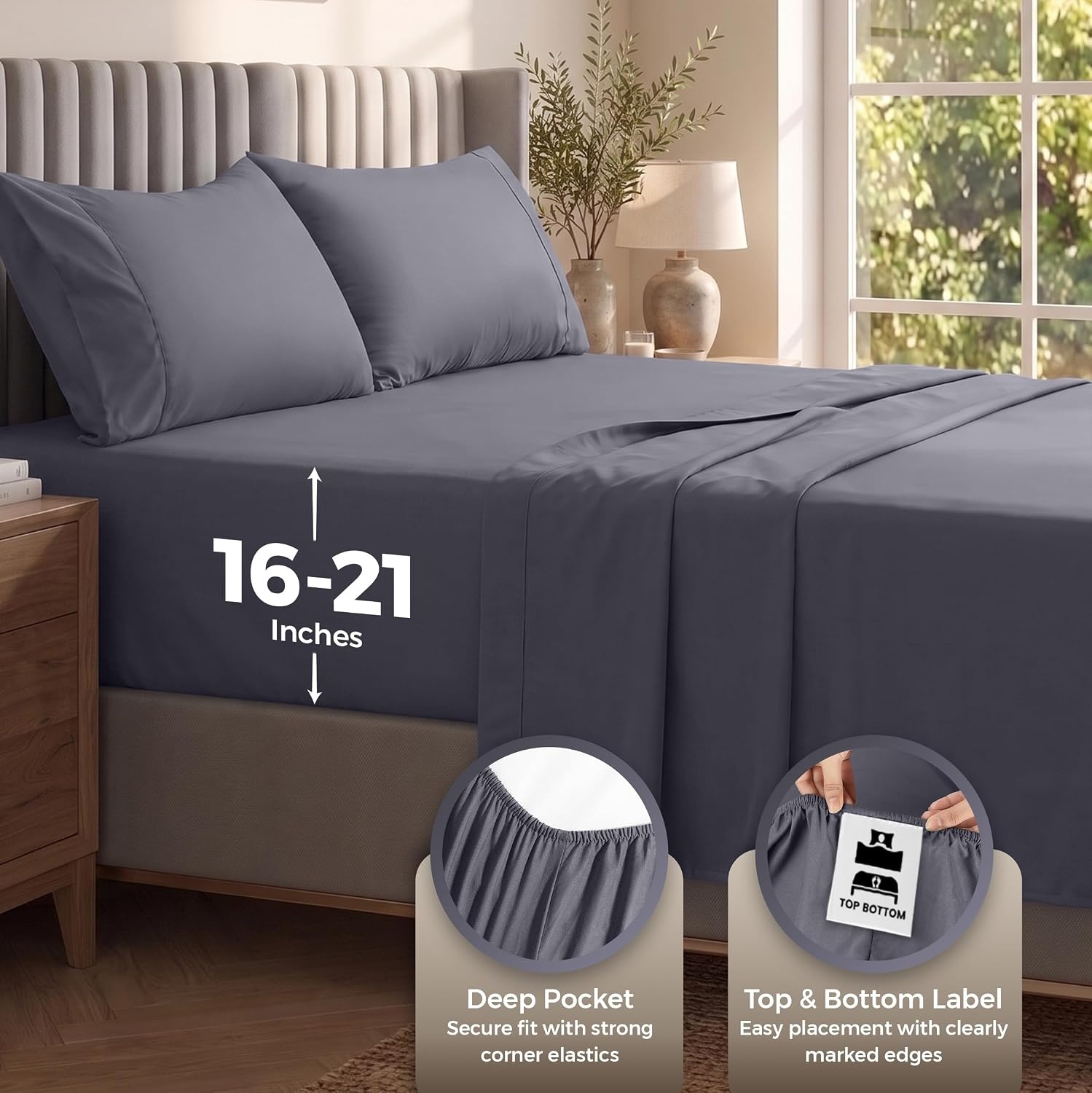 image:imageUtopia Bedding Bettlaken Set 3 Teilige Schwarz Polyester Mikrofaser OekoTex Zertifiziert Spannbettlaken 90x190 Bettlaken 167x243 1 Bestickten Kissenbezug 50x75Grau