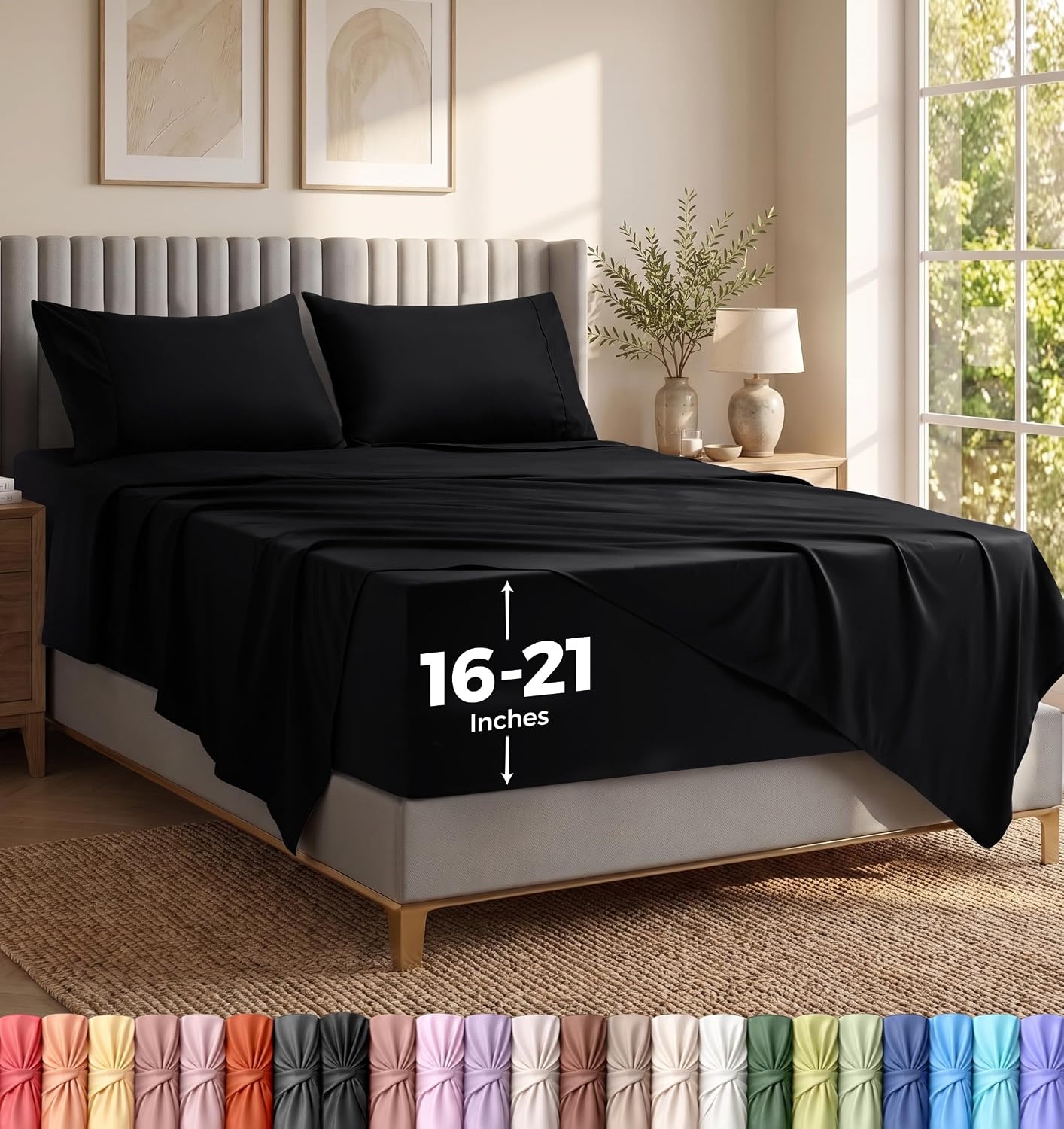 image:imageUtopia Bedding Bettlaken Set 3 Teilige Schwarz Polyester Mikrofaser OekoTex Zertifiziert Spannbettlaken 90x190 Bettlaken 167x243 1 Bestickten Kissenbezug 50x75Schwarz