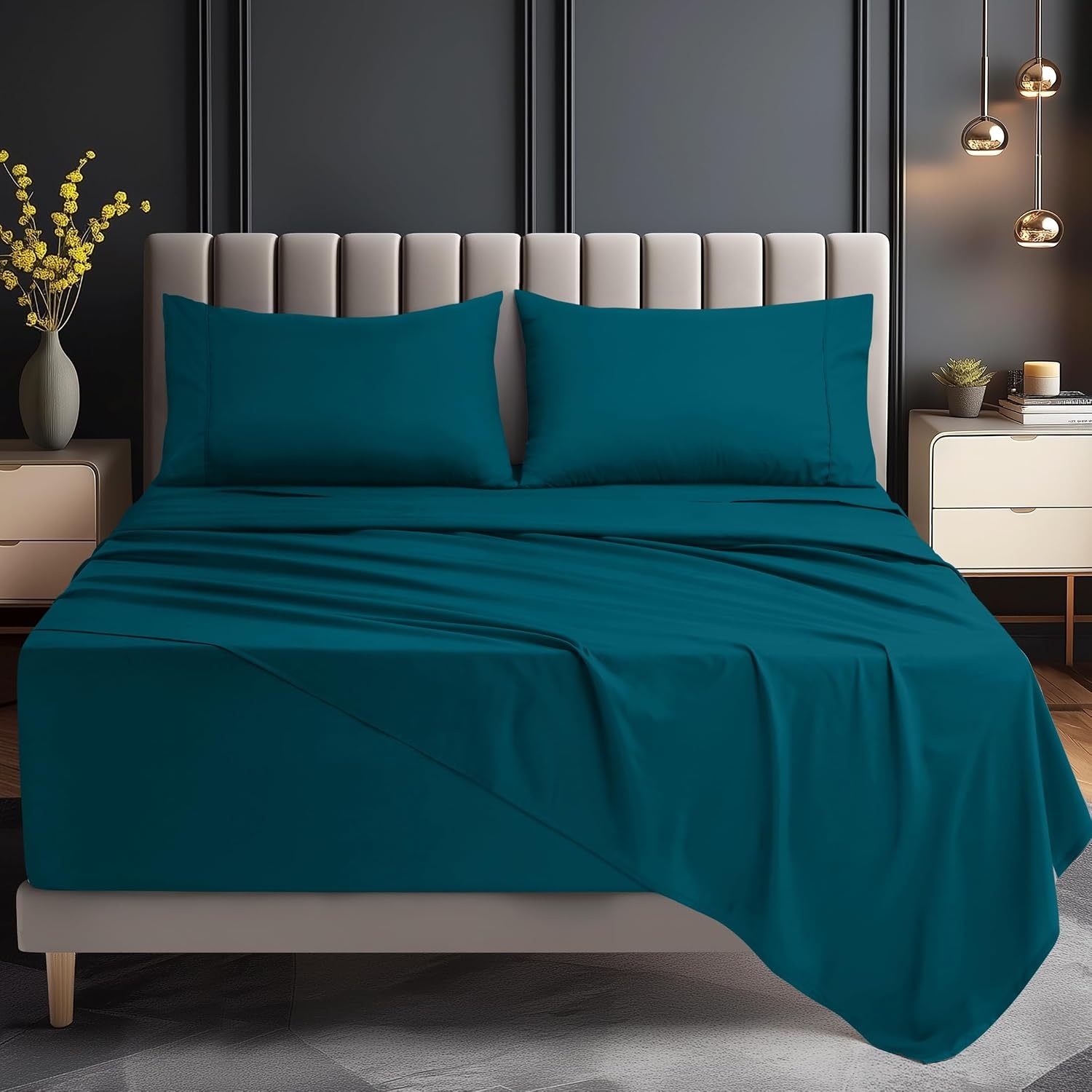 image:imageUtopia Bedding Bettlaken Set 3 Teilige Schwarz Polyester Mikrofaser OekoTex Zertifiziert Spannbettlaken 90x190 Bettlaken 167x243 1 Bestickten Kissenbezug 50x75Denim Blau