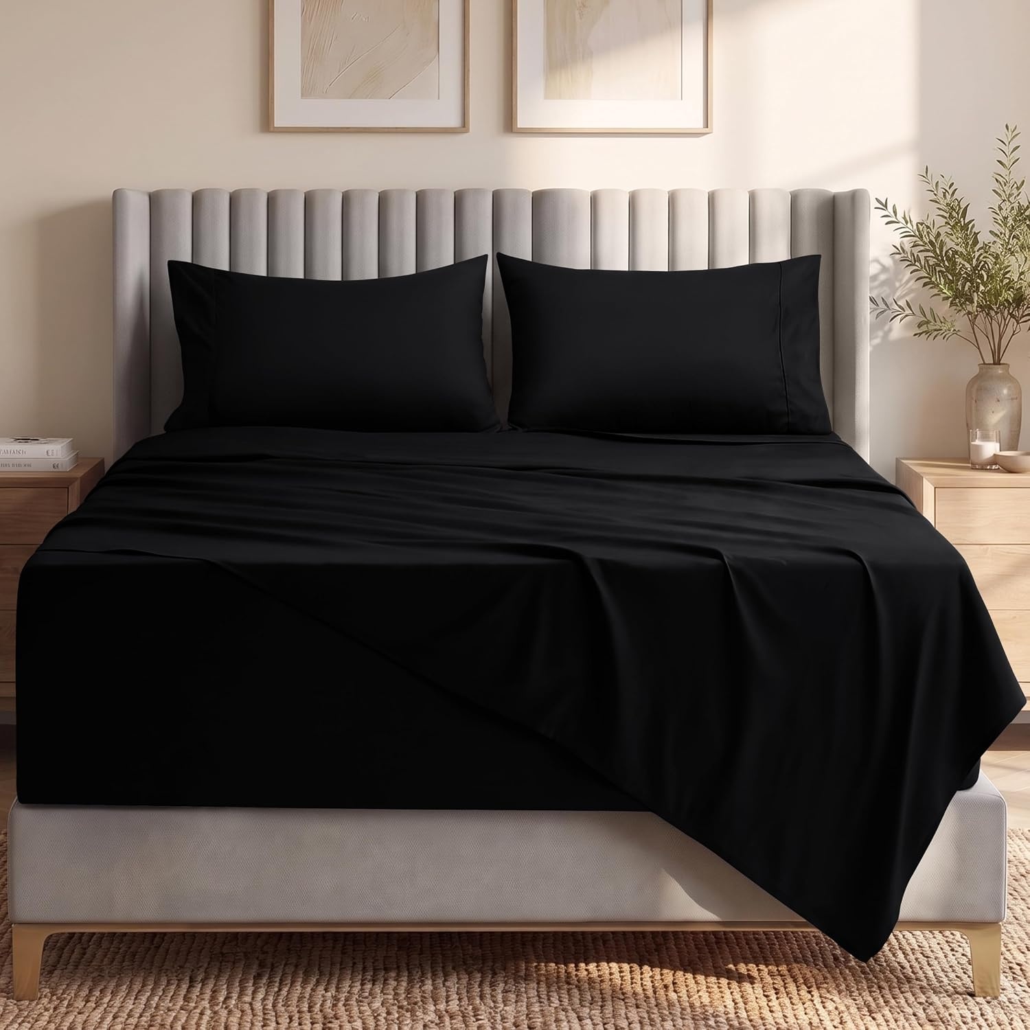 image:imageUtopia Bedding Bettlaken Set 3 Teilige Schwarz Polyester Mikrofaser OekoTex Zertifiziert Spannbettlaken 90x190 Bettlaken 167x243 1 Bestickten Kissenbezug 50x75Schwarz