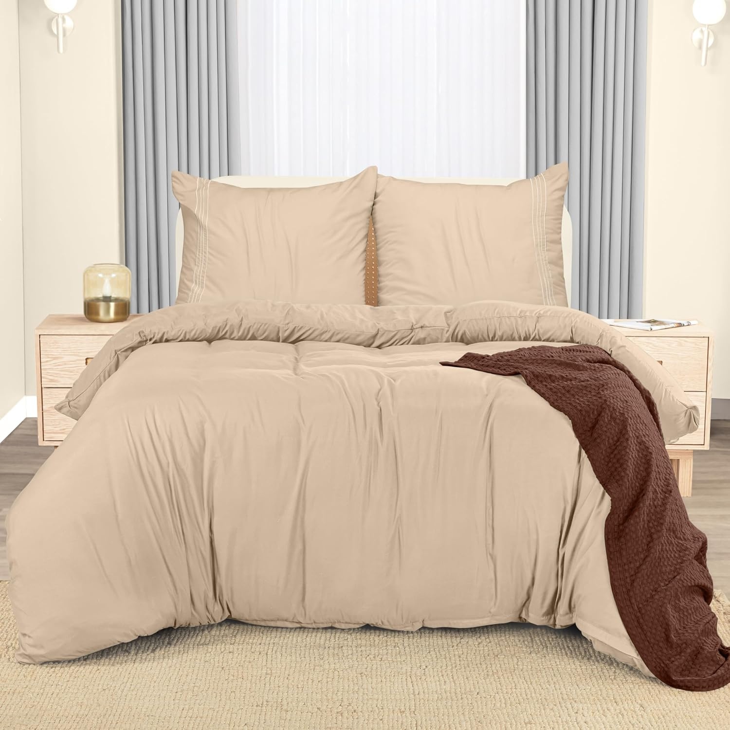 image:imageUtopia Bedding Bettwsche 220x240 Set Mikrofaser Bettbezug 240x220 cm 2 Bestickte Kissenbezge 65x65 cm SchwarzBeige