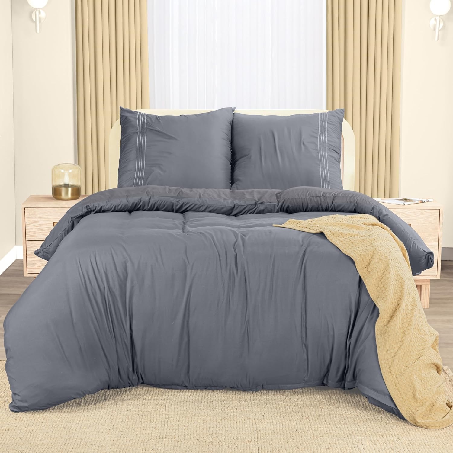 image:imageUtopia Bedding Bettwsche 220x240 Set Mikrofaser Bettbezug 240x220 cm 2 Bestickte Kissenbezge 65x65 cm SchwarzGrau