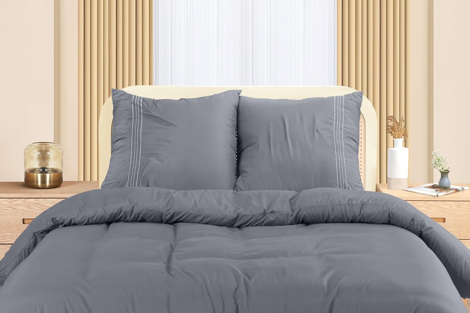 image:imageUtopia Bedding Bettwsche 220x240 Set Mikrofaser Bettbezug 240x220 cm 2 Bestickte Kissenbezge 65x65 cm SchwarzGrau