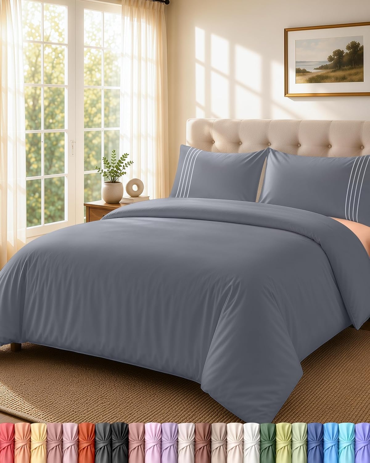 image:imageUtopia Bedding Bettwsche 220x240 Set Mikrofaser Bettbezug 240x220 cm 2 Bestickte Kissenbezge 65x65 cm SchwarzGrau