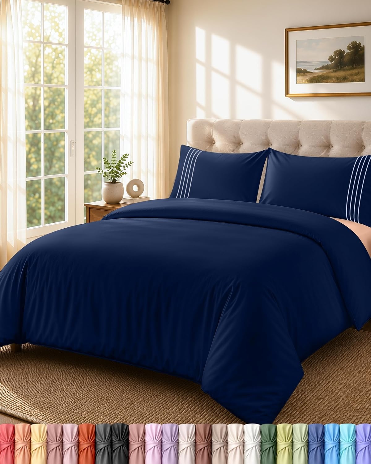 image:imageUtopia Bedding Bettwsche 220x240 Set Mikrofaser Bettbezug 240x220 cm 2 Bestickte Kissenbezge 65x65 cm SchwarzMarineblau