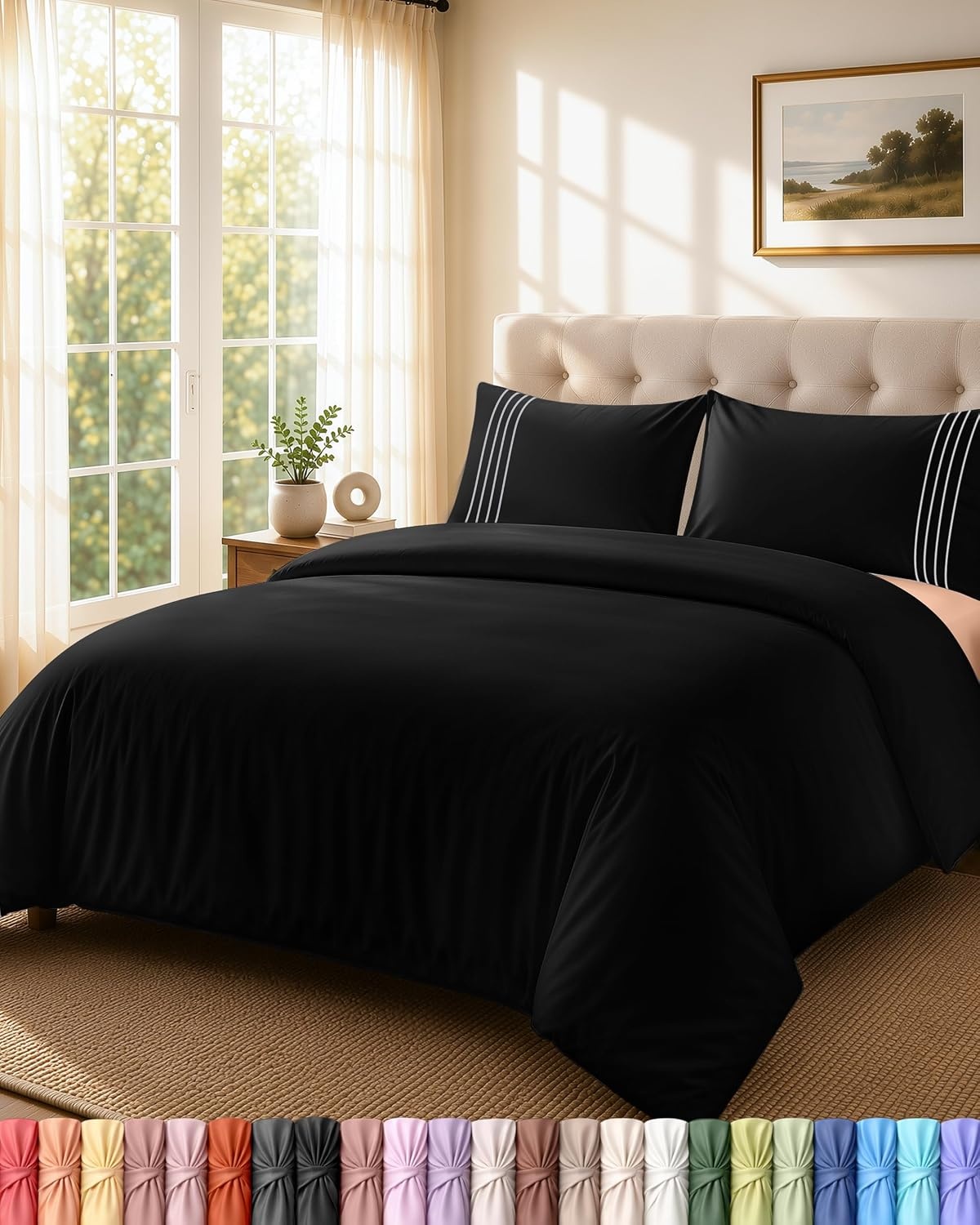 image:imageUtopia Bedding Bettwsche 220x240 Set Mikrofaser Bettbezug 240x220 cm 2 Bestickte Kissenbezge 65x65 cm SchwarzSchwarz