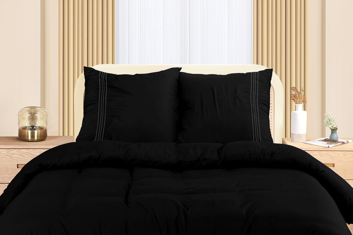 image:imageUtopia Bedding Bettwsche 220x240 Set Mikrofaser Bettbezug 240x220 cm 2 Bestickte Kissenbezge 65x65 cm SchwarzSchwarz