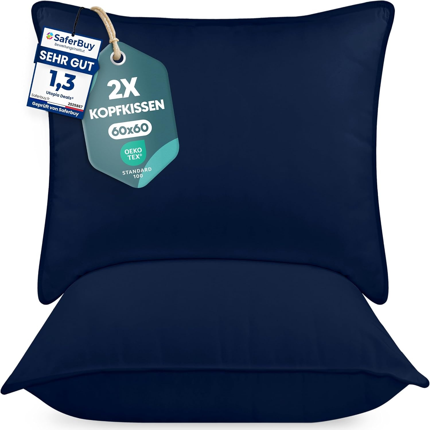 image:imageUtopia Bedding Kopfkissen 65x65 2er Set Schlafkissen Atmungsaktiv KissenMarineblau