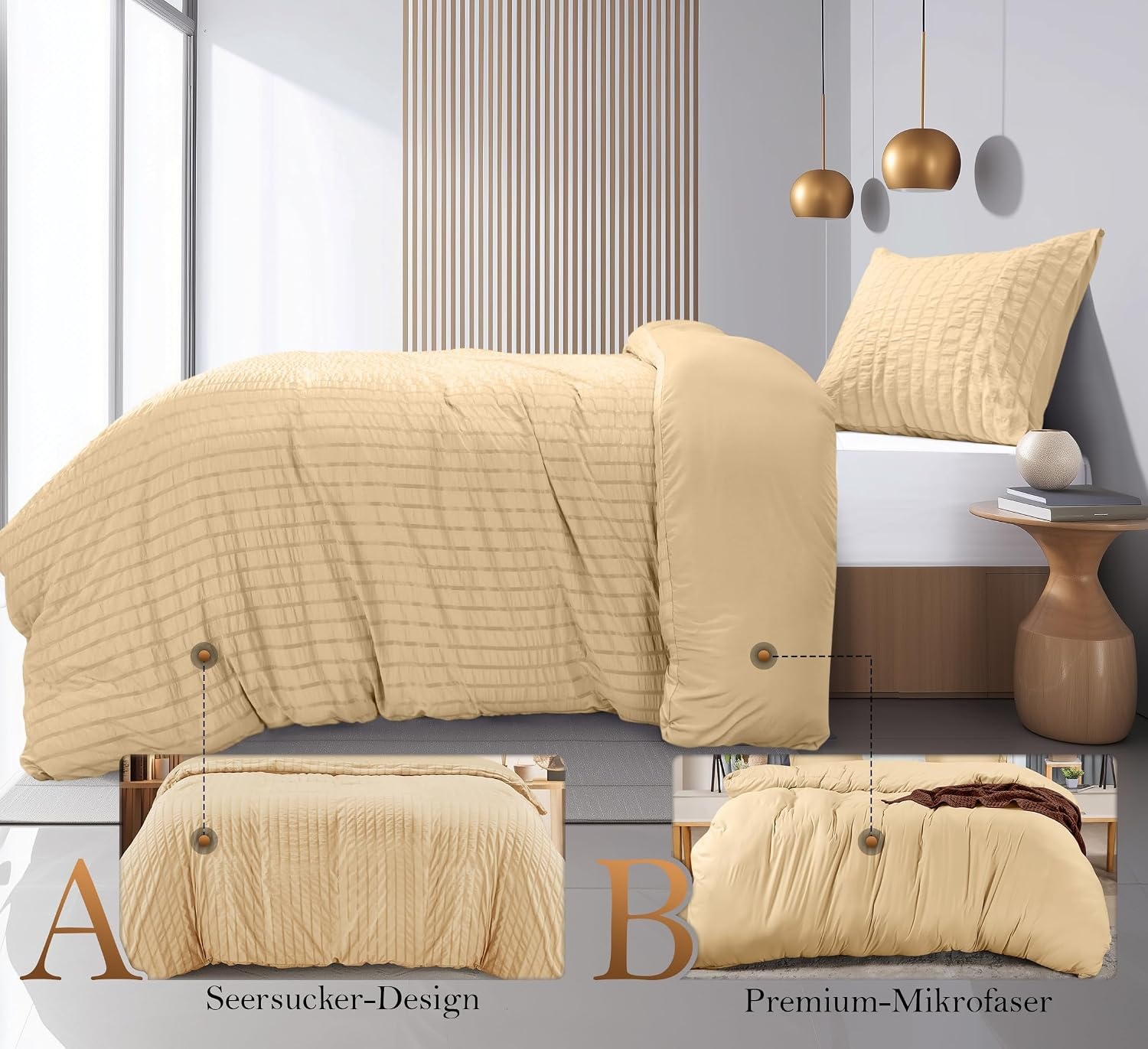 image:imageUtopia Bedding Seersucker Bettwsche 135x200 4teilig Mikrofaser Polyester 2 Bettbezug 135x200 cm 2 Kissenbezug 80x80 cm WeiBeige