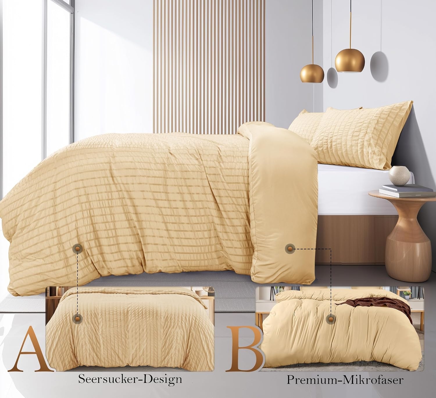 image:imageUtopia Bedding Seersucker Bettwsche 135x200 4teilig Mikrofaser Polyester 2 Bettbezug 135x200 cm 2 Kissenbezug 80x80 cm WeiBeige