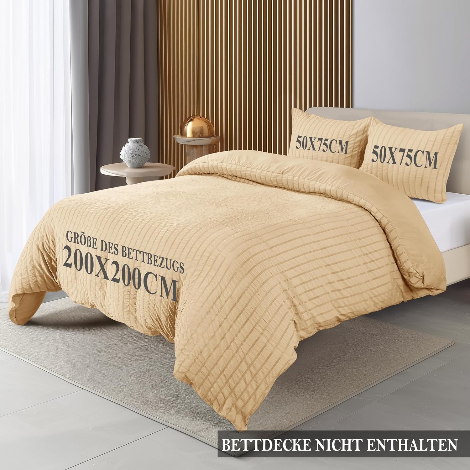 image:imageUtopia Bedding Seersucker Bettwsche 135x200 4teilig Mikrofaser Polyester 2 Bettbezug 135x200 cm 2 Kissenbezug 80x80 cm WeiBeige
