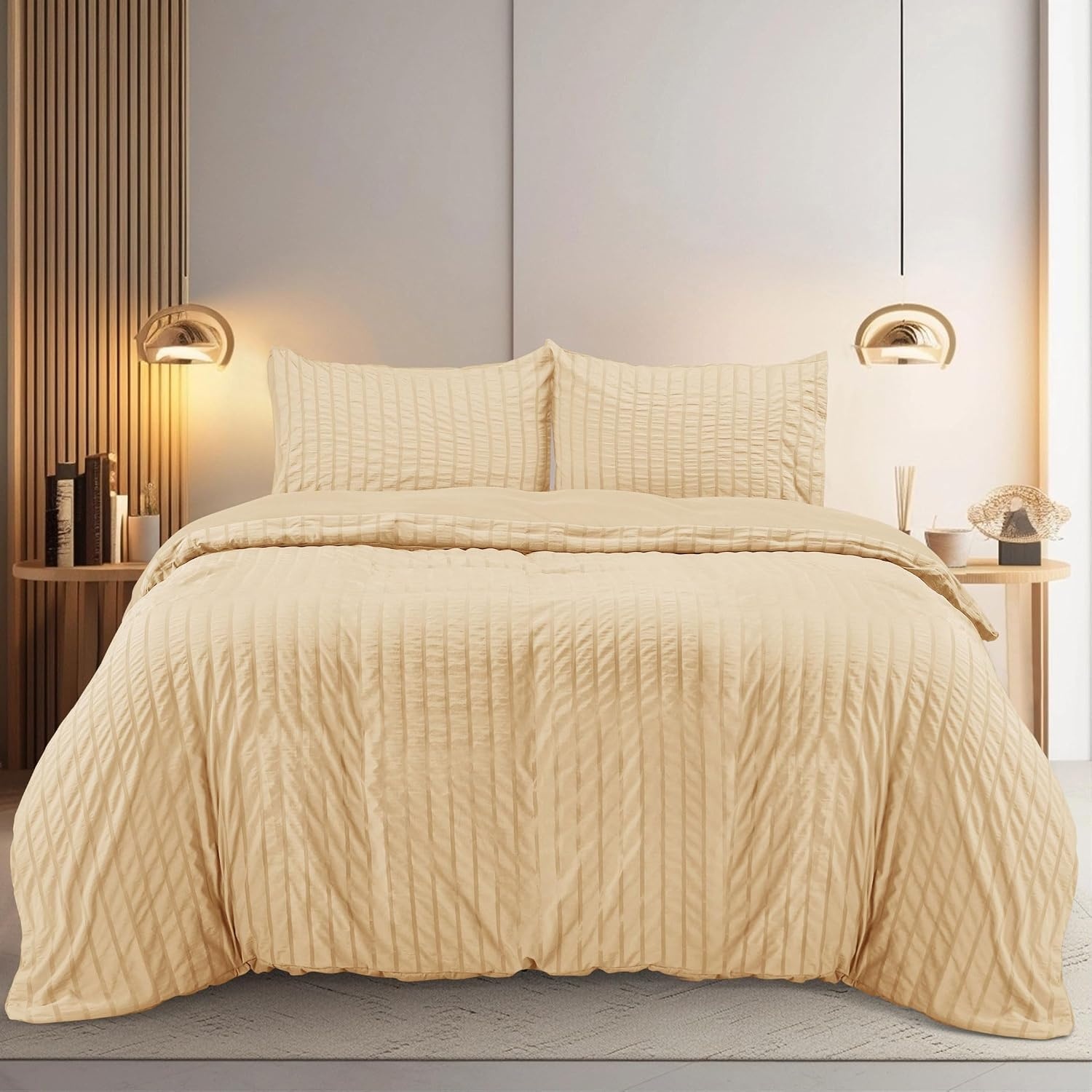 image:imageUtopia Bedding Seersucker Bettwsche 135x200 4teilig Mikrofaser Polyester 2 Bettbezug 135x200 cm 2 Kissenbezug 80x80 cm WeiBeige