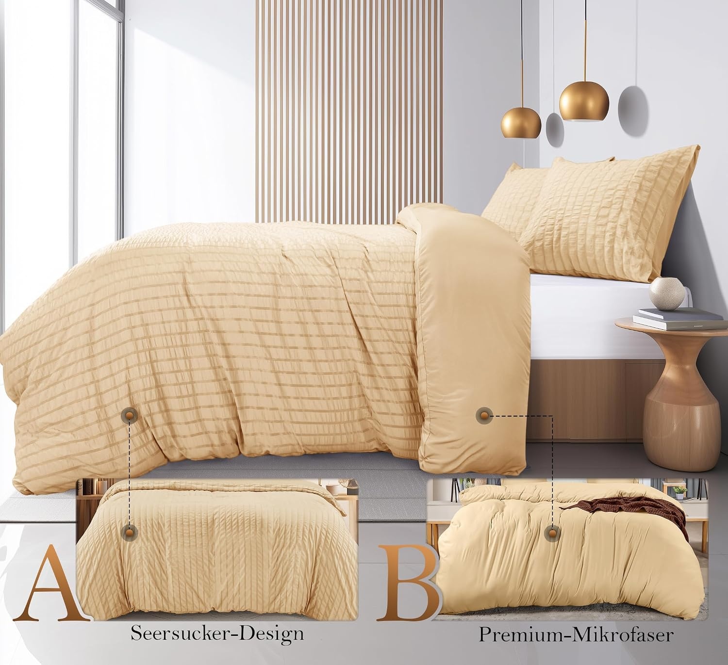 image:imageUtopia Bedding Seersucker Bettwsche 135x200 4teilig Mikrofaser Polyester 2 Bettbezug 135x200 cm 2 Kissenbezug 80x80 cm WeiBeige