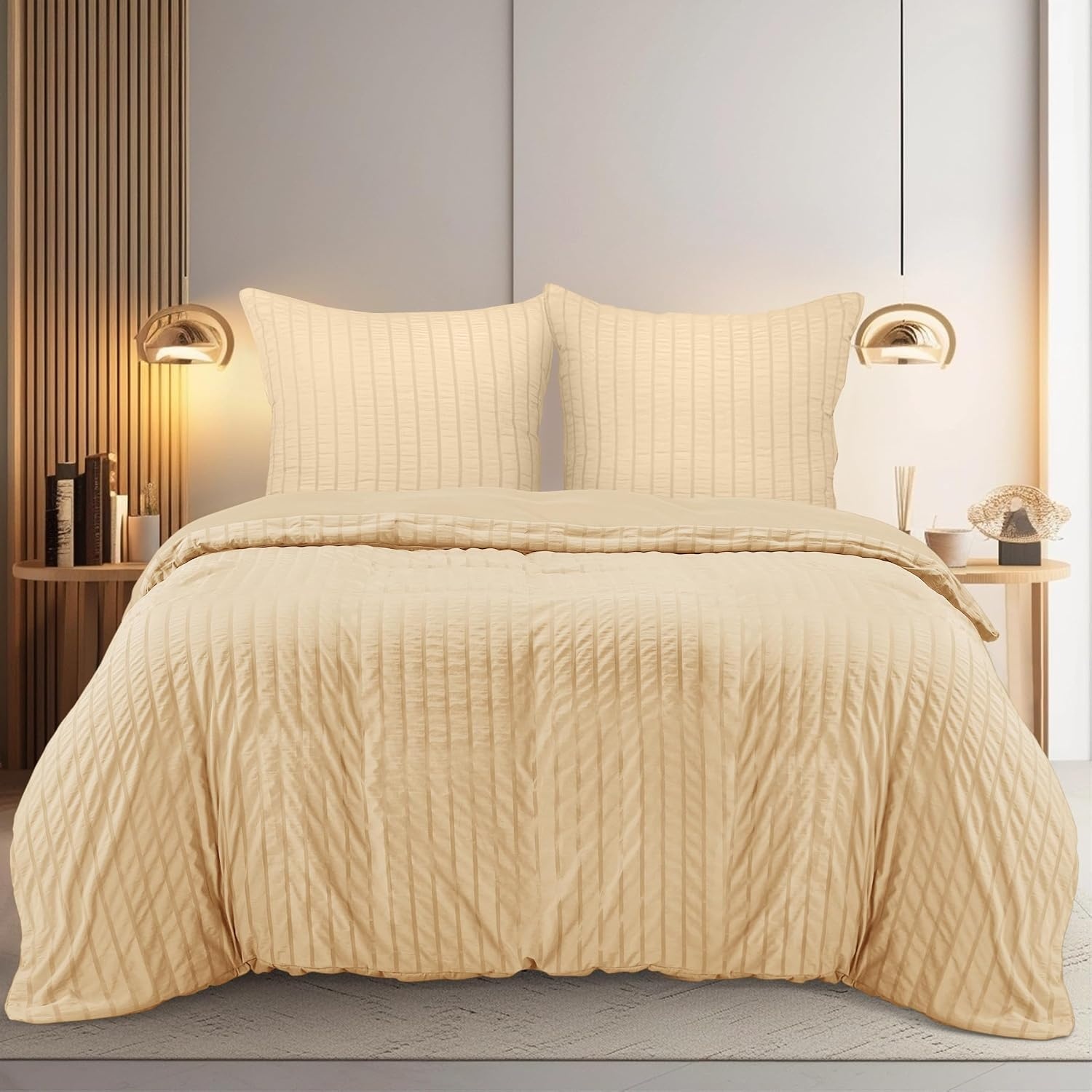 image:imageUtopia Bedding Seersucker Bettwsche 135x200 4teilig Mikrofaser Polyester 2 Bettbezug 135x200 cm 2 Kissenbezug 80x80 cm WeiBeige