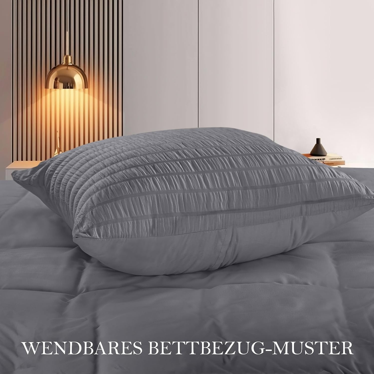 image:imageUtopia Bedding Seersucker Bettwsche 135x200 4teilig Mikrofaser Polyester 2 Bettbezug 135x200 cm 2 Kissenbezug 80x80 cm WeiGrau