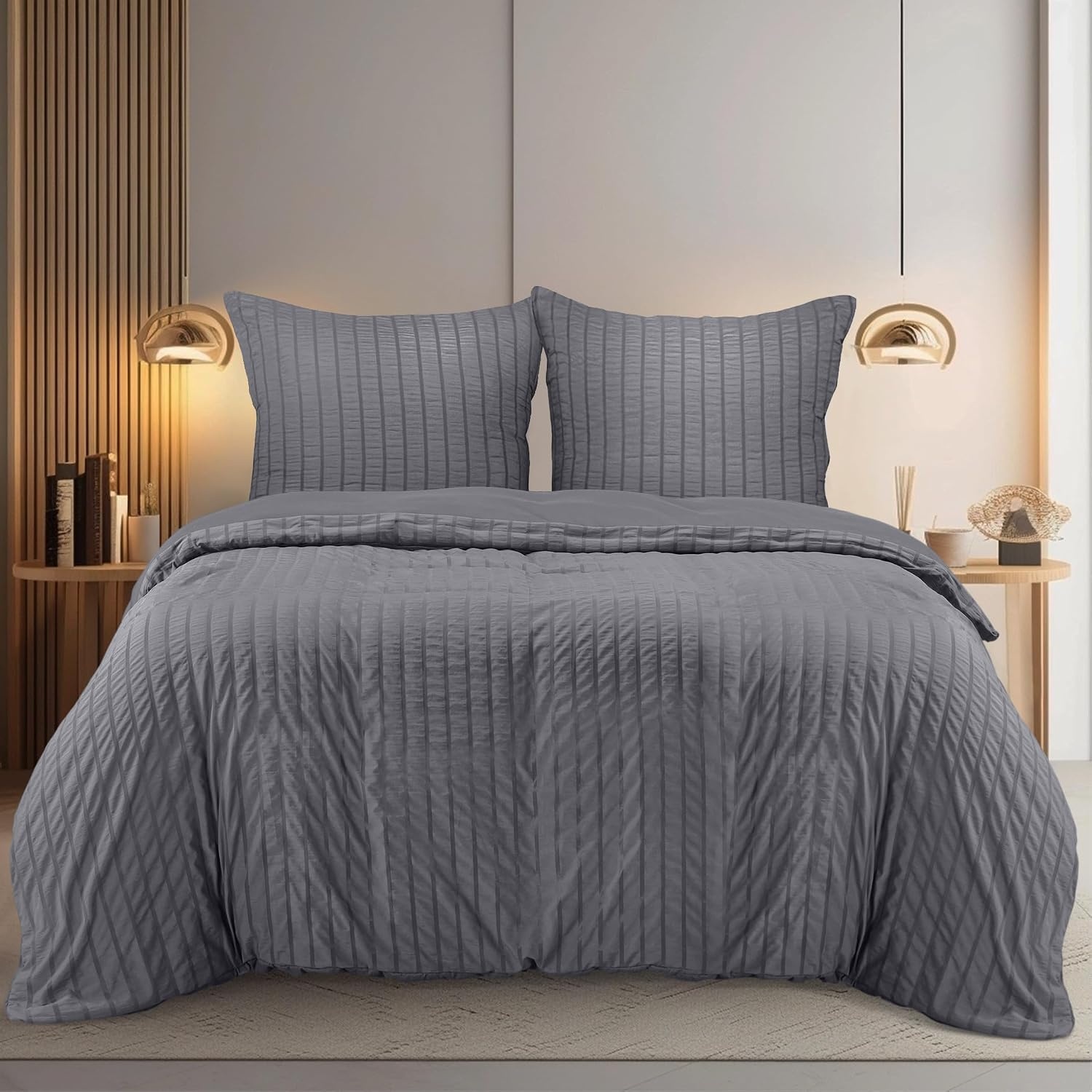 image:imageUtopia Bedding Seersucker Bettwsche 135x200 4teilig Mikrofaser Polyester 2 Bettbezug 135x200 cm 2 Kissenbezug 80x80 cm WeiGrau