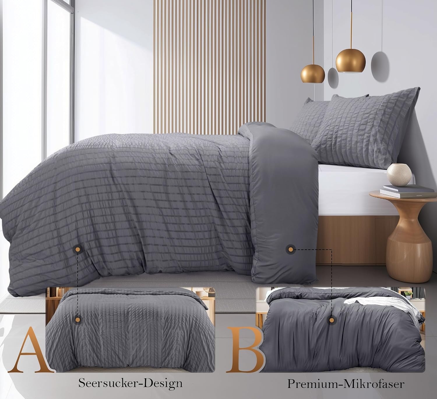 image:imageUtopia Bedding Seersucker Bettwsche 135x200 4teilig Mikrofaser Polyester 2 Bettbezug 135x200 cm 2 Kissenbezug 80x80 cm WeiGrau