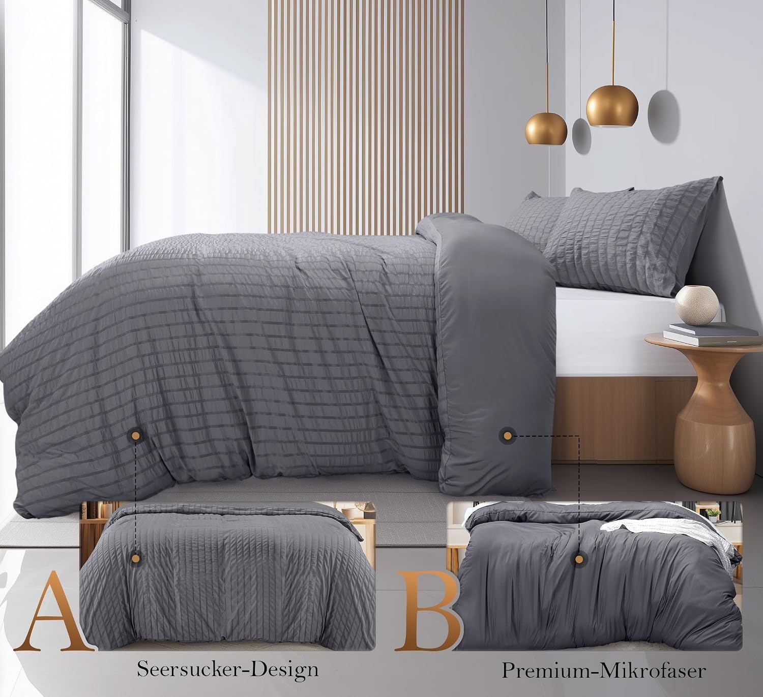 image:imageUtopia Bedding Seersucker Bettwsche 135x200 4teilig Mikrofaser Polyester 2 Bettbezug 135x200 cm 2 Kissenbezug 80x80 cm WeiGrau
