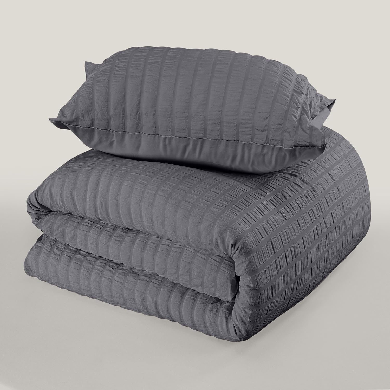 image:imageUtopia Bedding Seersucker Bettwsche 135x200 4teilig Mikrofaser Polyester 2 Bettbezug 135x200 cm 2 Kissenbezug 80x80 cm WeiGrau