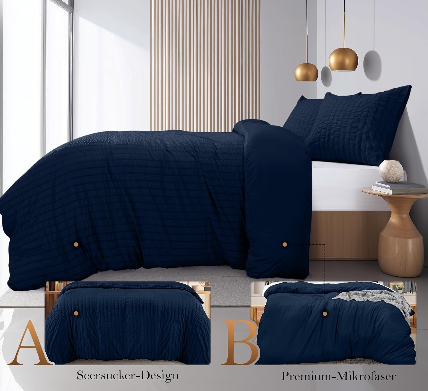 image:imageUtopia Bedding Seersucker Bettwsche 135x200 4teilig Mikrofaser Polyester 2 Bettbezug 135x200 cm 2 Kissenbezug 80x80 cm WeiMarineblau