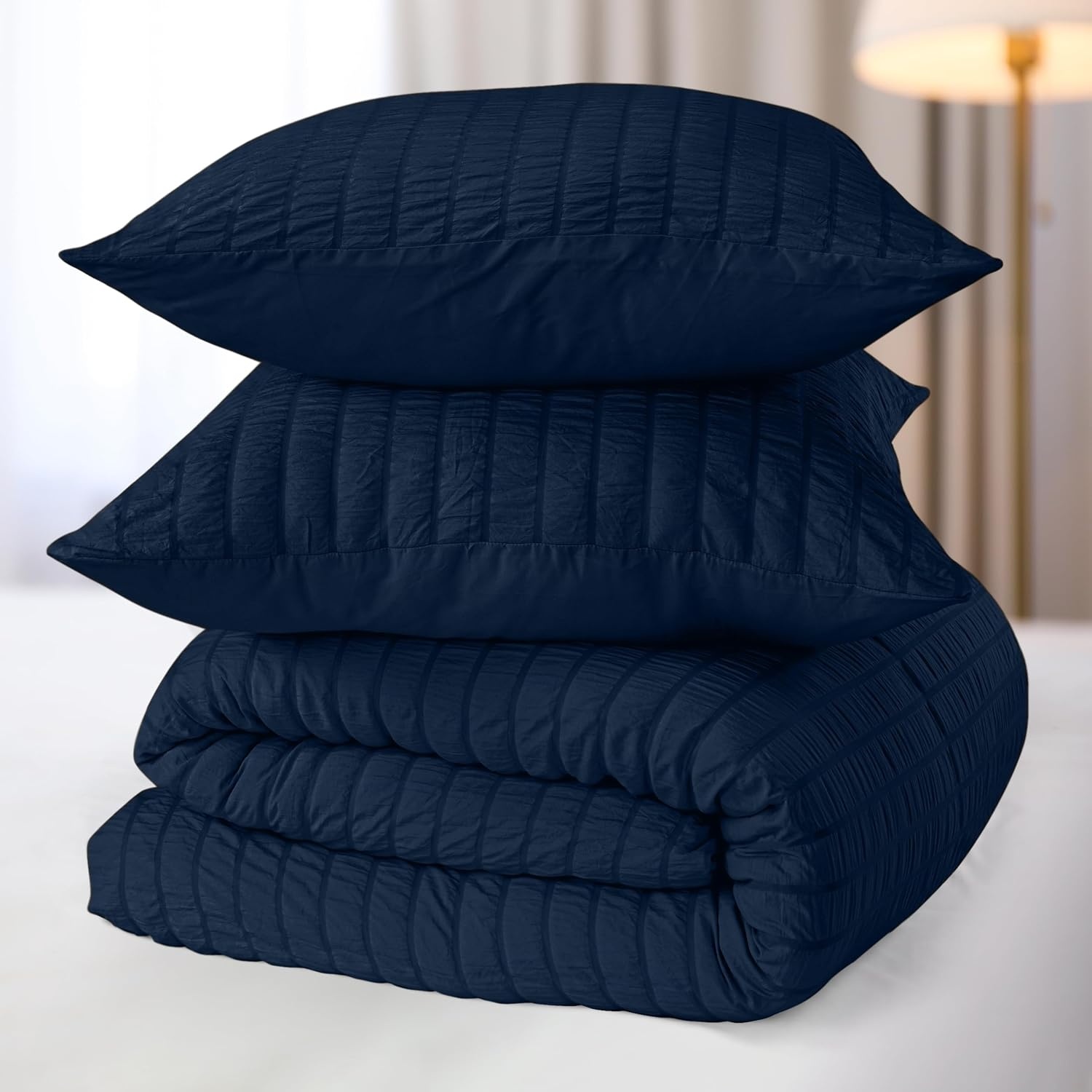 image:imageUtopia Bedding Seersucker Bettwsche 135x200 4teilig Mikrofaser Polyester 2 Bettbezug 135x200 cm 2 Kissenbezug 80x80 cm WeiMarineblau