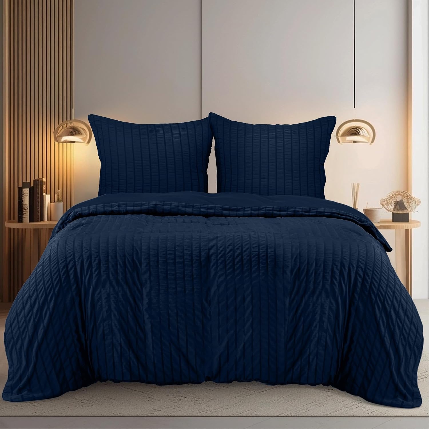 image:imageUtopia Bedding Seersucker Bettwsche 135x200 4teilig Mikrofaser Polyester 2 Bettbezug 135x200 cm 2 Kissenbezug 80x80 cm WeiMarineblau
