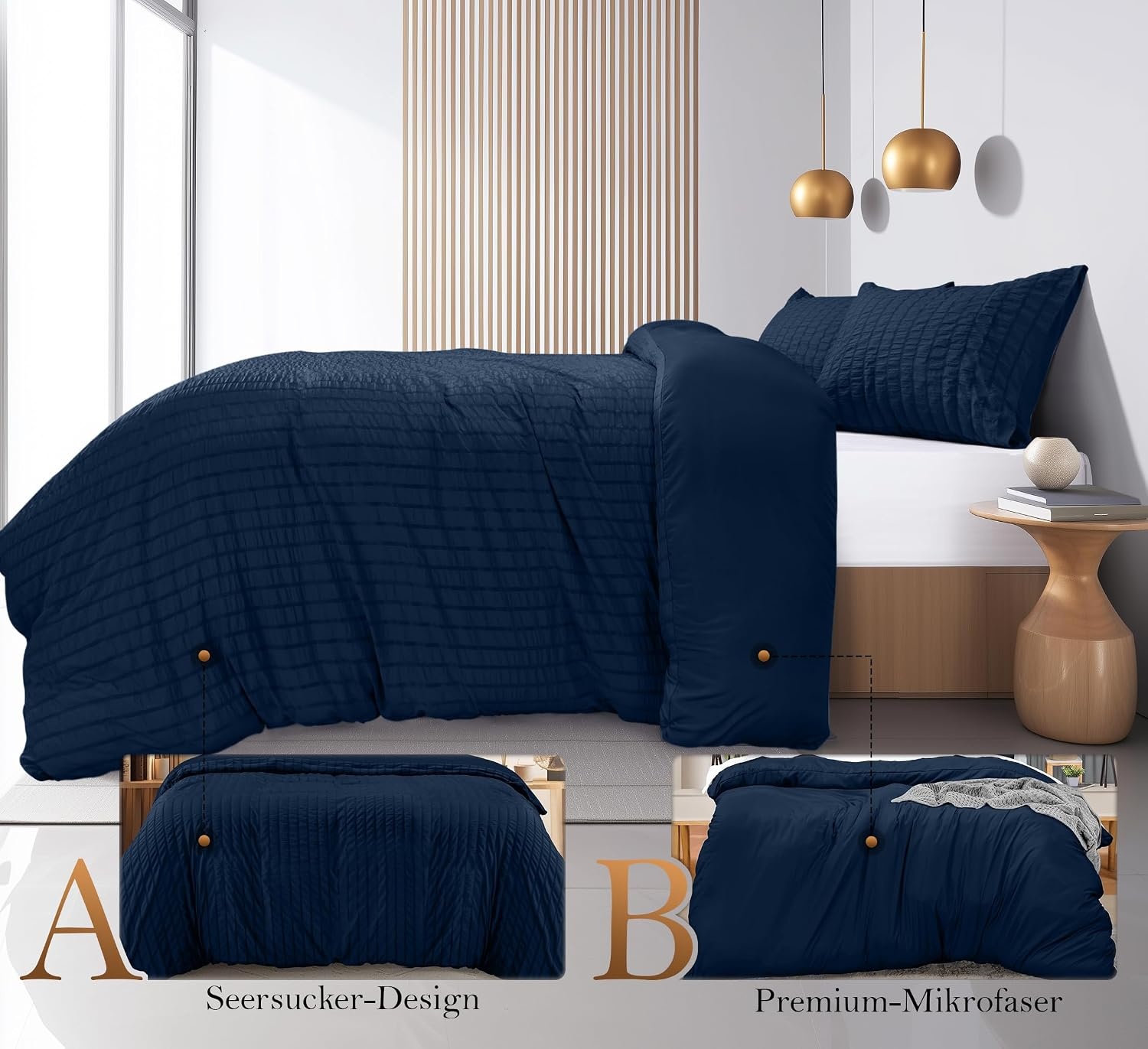 image:imageUtopia Bedding Seersucker Bettwsche 135x200 4teilig Mikrofaser Polyester 2 Bettbezug 135x200 cm 2 Kissenbezug 80x80 cm WeiMarineblau