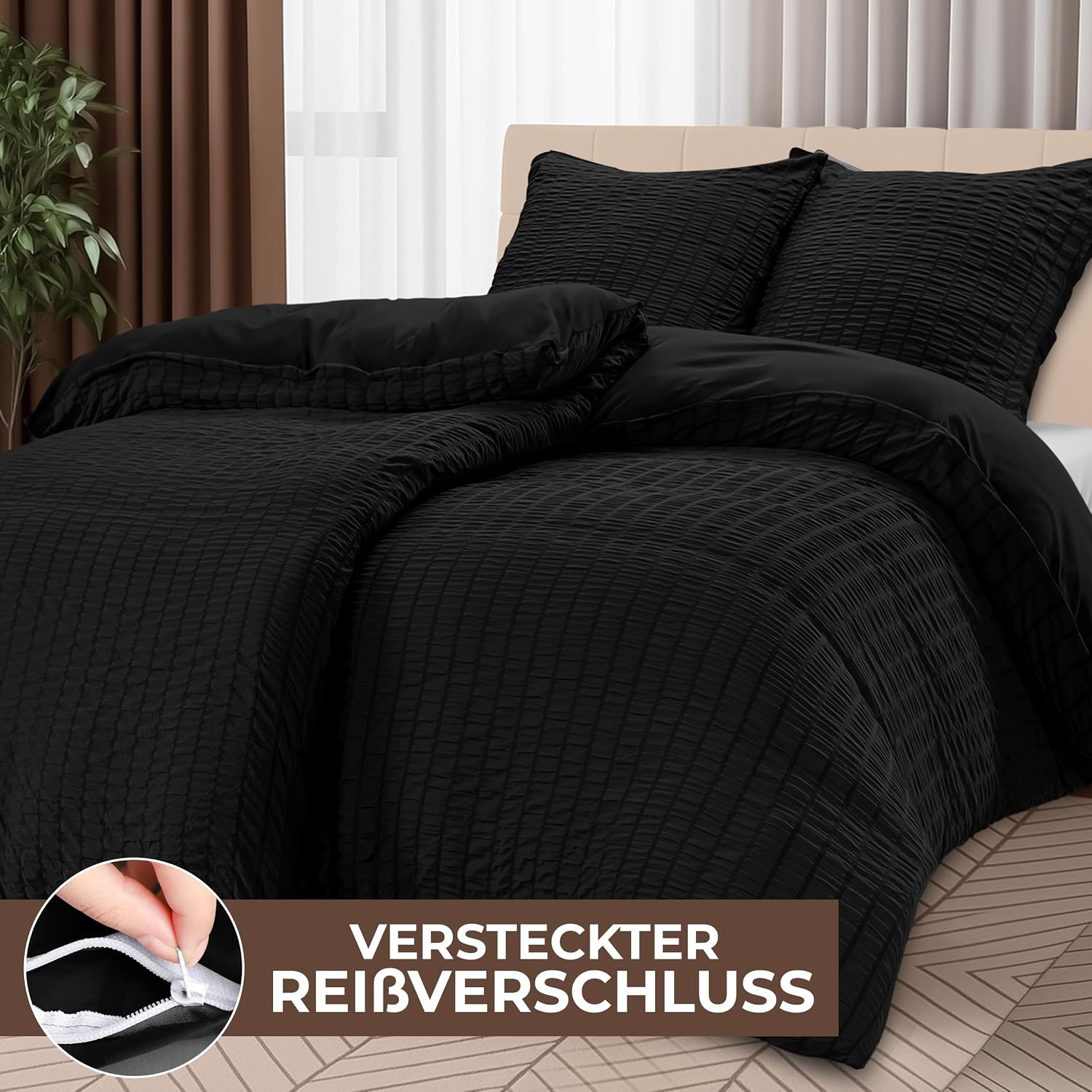 image:imageUtopia Bedding Seersucker Bettwsche 135x200 4teilig Mikrofaser Polyester 2 Bettbezug 135x200 cm 2 Kissenbezug 80x80 cm WeiSchwarz
